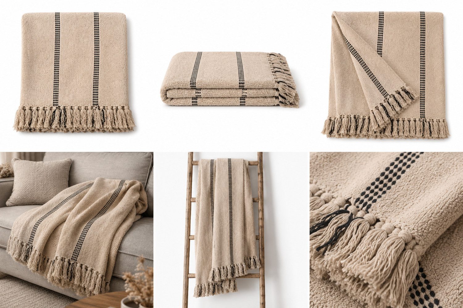 Wohndecke Beige/Black, AU Maison, Stilvolle Baumwolldecke mit Fransen 130x180 cm