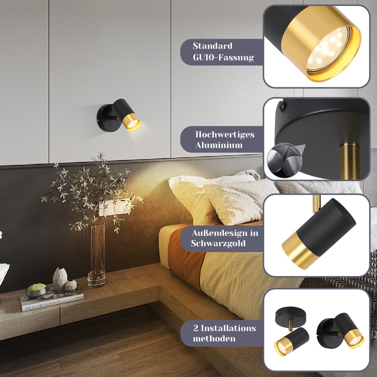 ZMH Deckenstrahler 1 Flammig Schwarzgold Retro Deckenlampe GU10 350° Drehba günstig online kaufen