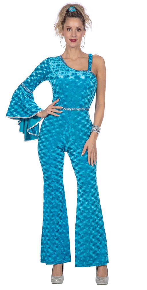 Karneval-Klamotten Kostüm 70er Jahre Disco Schlager Dame Catsuit Samt türkis, Stretch Disco-Overall Damenkostüm Frauenkostüm Schlager Party Karneval