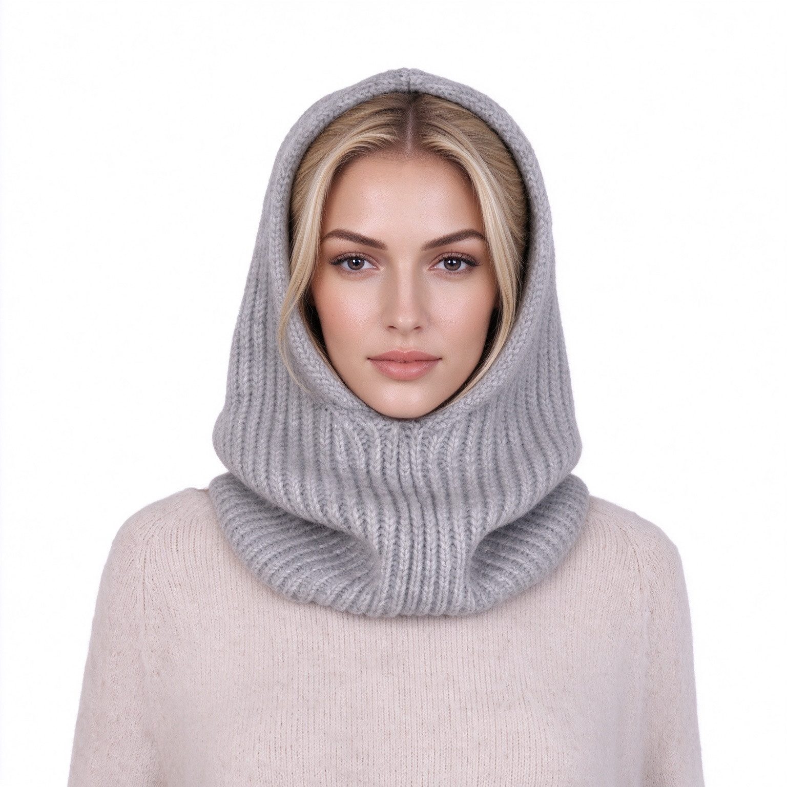 MIRROSI Strickmütze Damen Balaclava Strickkapuze mit Grobstrick, Made in Poland Kapuzenschal, Schlupfmütze, Halswärmer, weich und warm