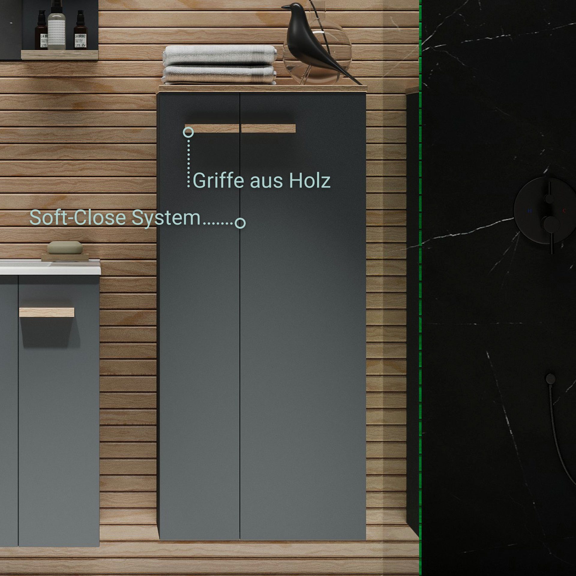 BADEDU Midischrank Badezimmerschrank, Anthrazit, Stauraumwunder, Holzgriffe