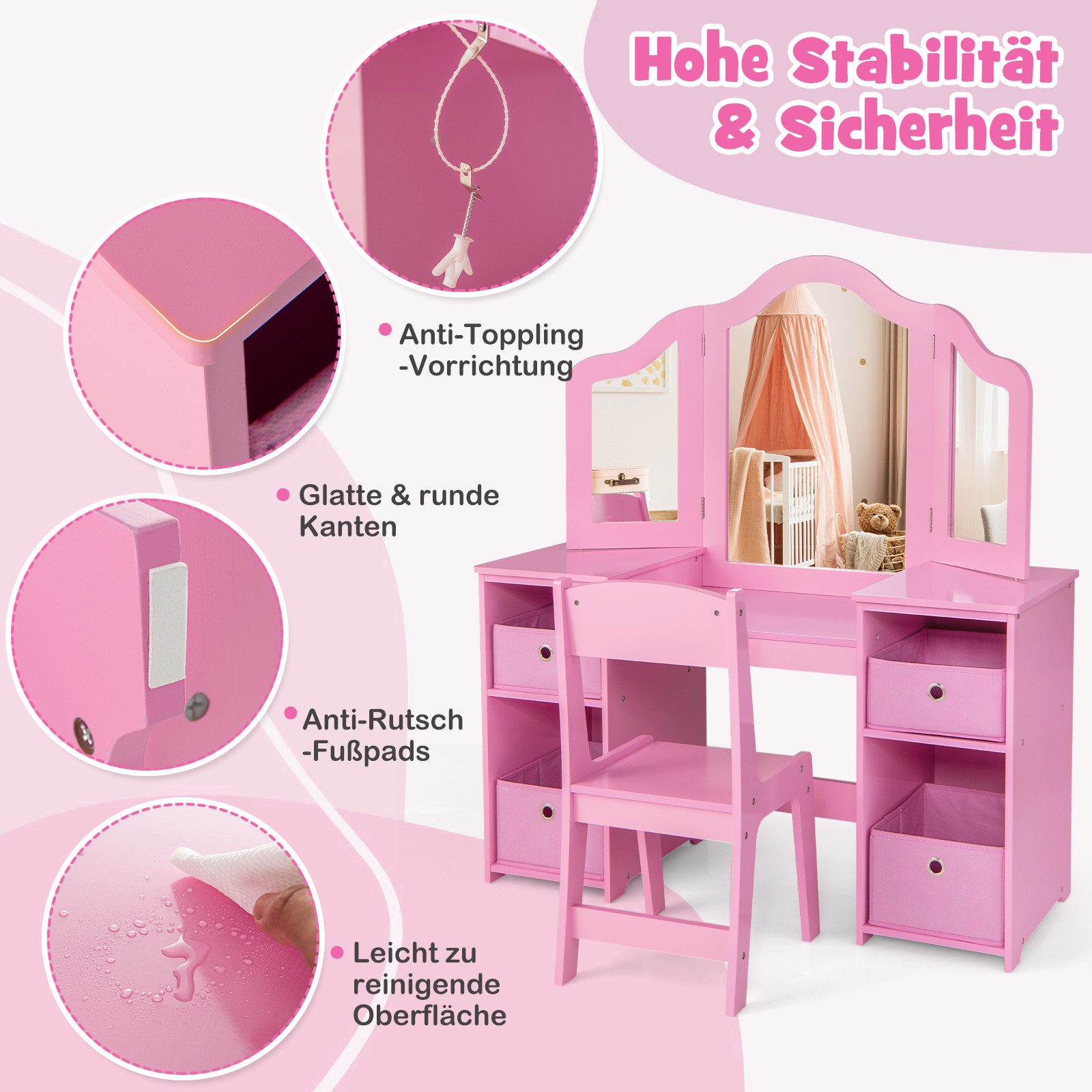 COSTWAY Schminktisch Kinder Frisiertisch (2-St), Frisiertisch mit Stuhl, Aufbewahrungsboxen