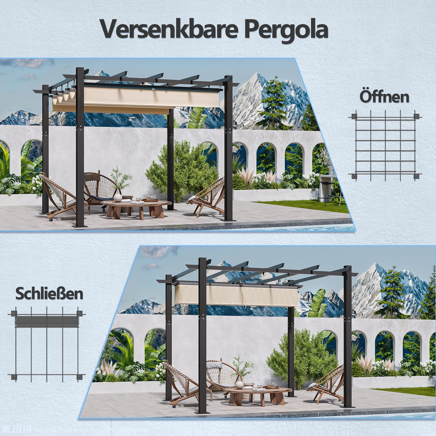 HOMALL Pavillon Pergola 3x3/3x4m Gartenpavillon Pavillon mit Aluminiumrahmen, (Terrassenüberdachung mit Magnetbefestigung für Garten), Manuell verstellbares Sch – Bild 4 von 5