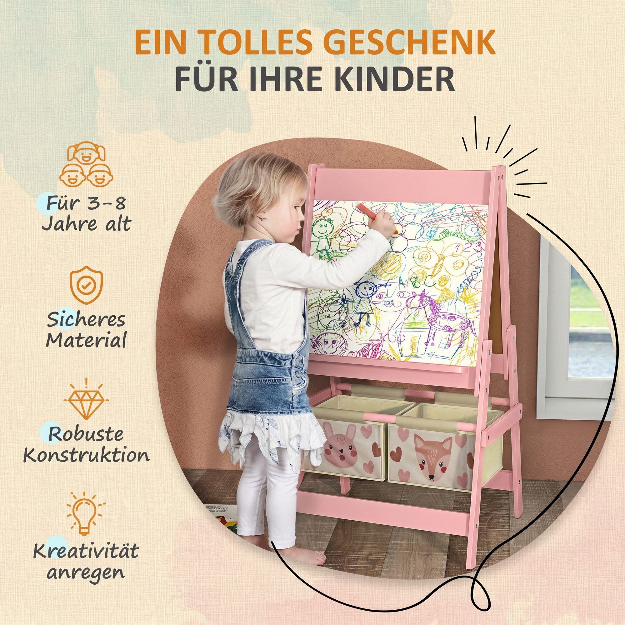 AIYAPLAY Tafel Staffelei Kindertafel Whiteboard mit Papierrolle inkl. Zubehör, (Standtafel, 1-tlg., Kinder Spieltafel), Rosa 54 x 46,5 x 93 cm – Bild 4 von 5