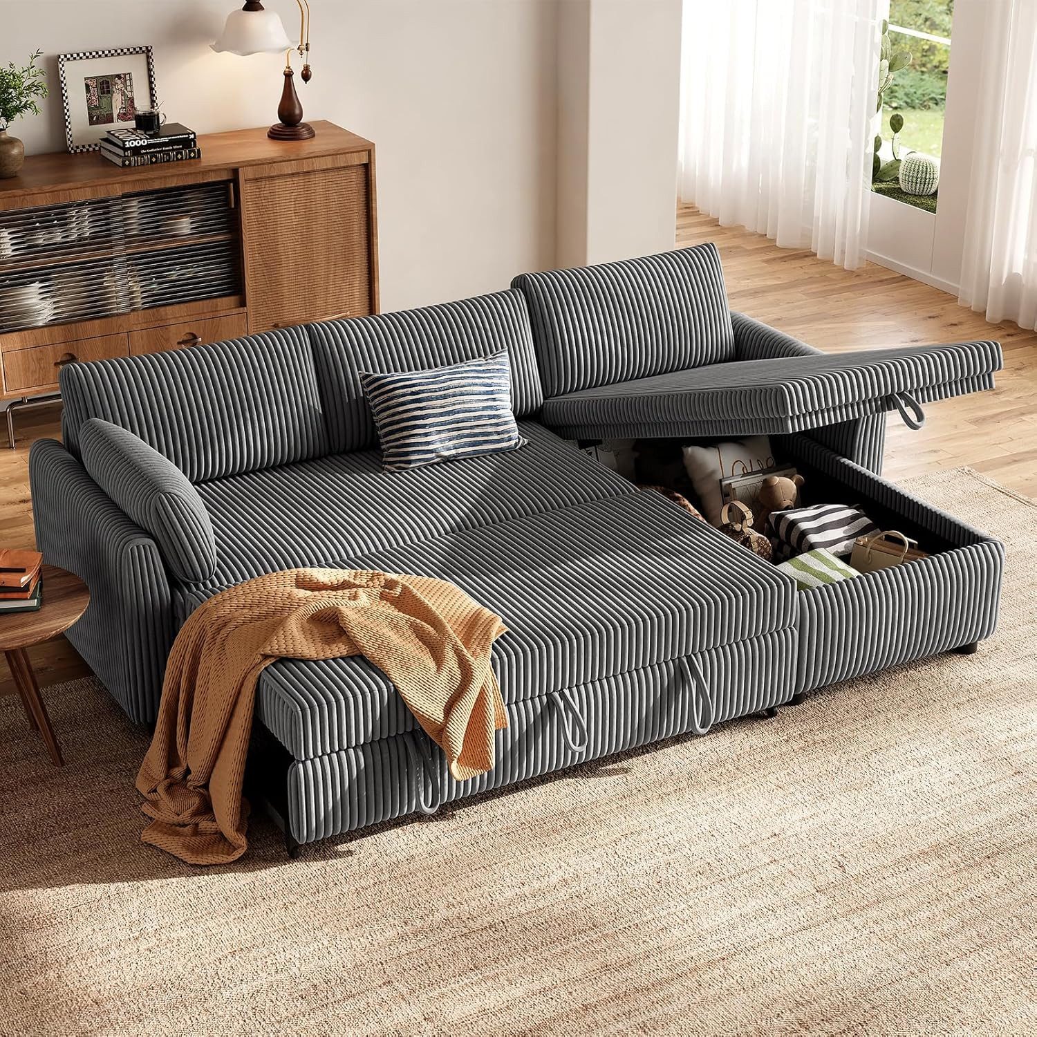Patbrela Ecksofa mit Schlaffunktion, L-Form Ausziehbares Sofa mit Stauraum, Extra tiefe Sitzfläche; Links/Rechts montierbare Ottomane