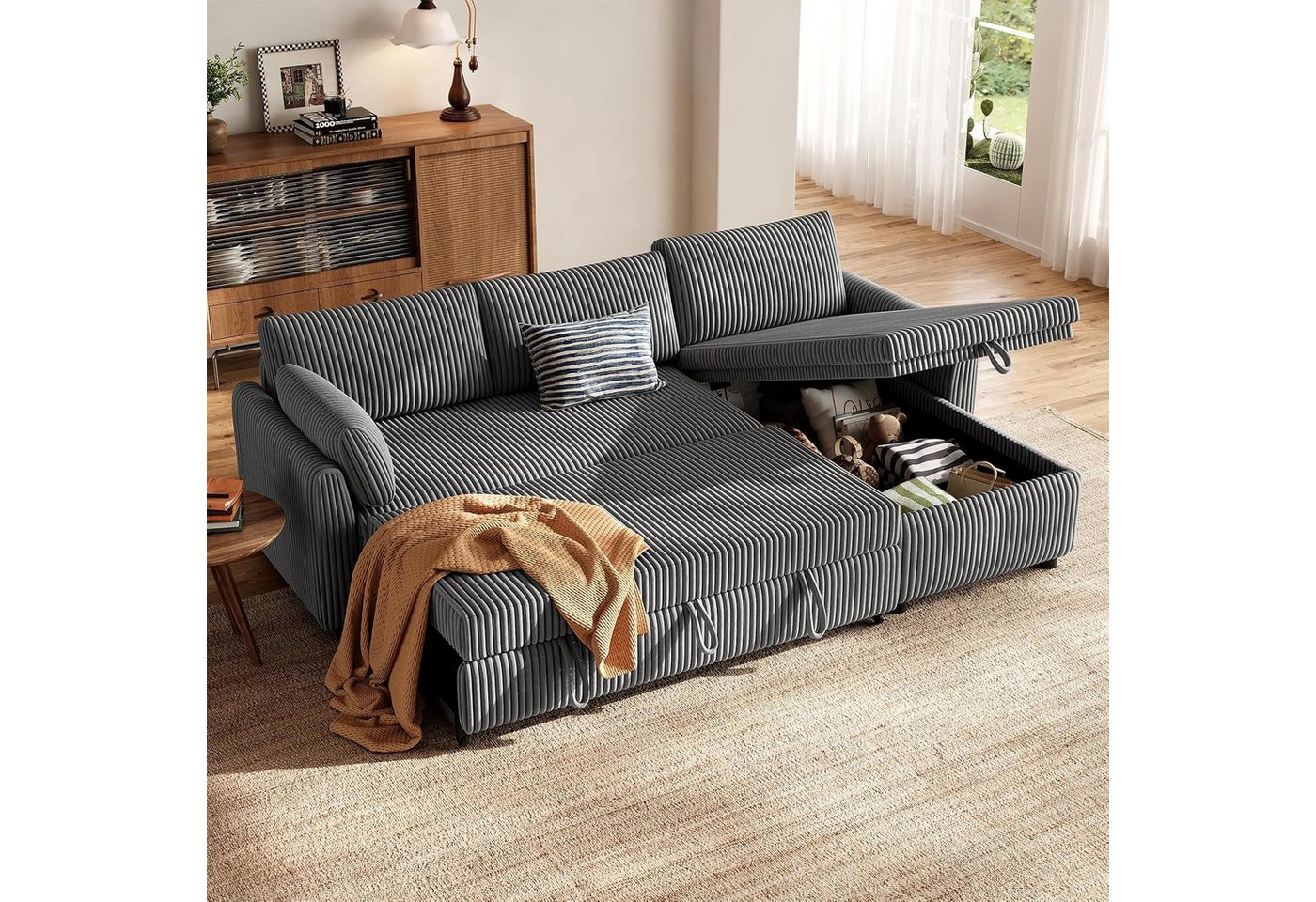 Patbrela Ecksofa mit Schlaffunktion, L-Form Ausziehbares Sofa mit Stauraum, Extra tiefe Sitzfläche, Links/Rechts montierbare Ottomane