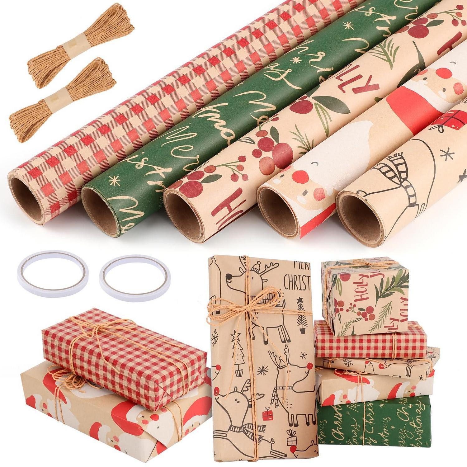 LuxusKollektion Geschenkpapier Geschenkpapier Set 5 Rollen Kraftpapier Rotbraun Grün, (1St)