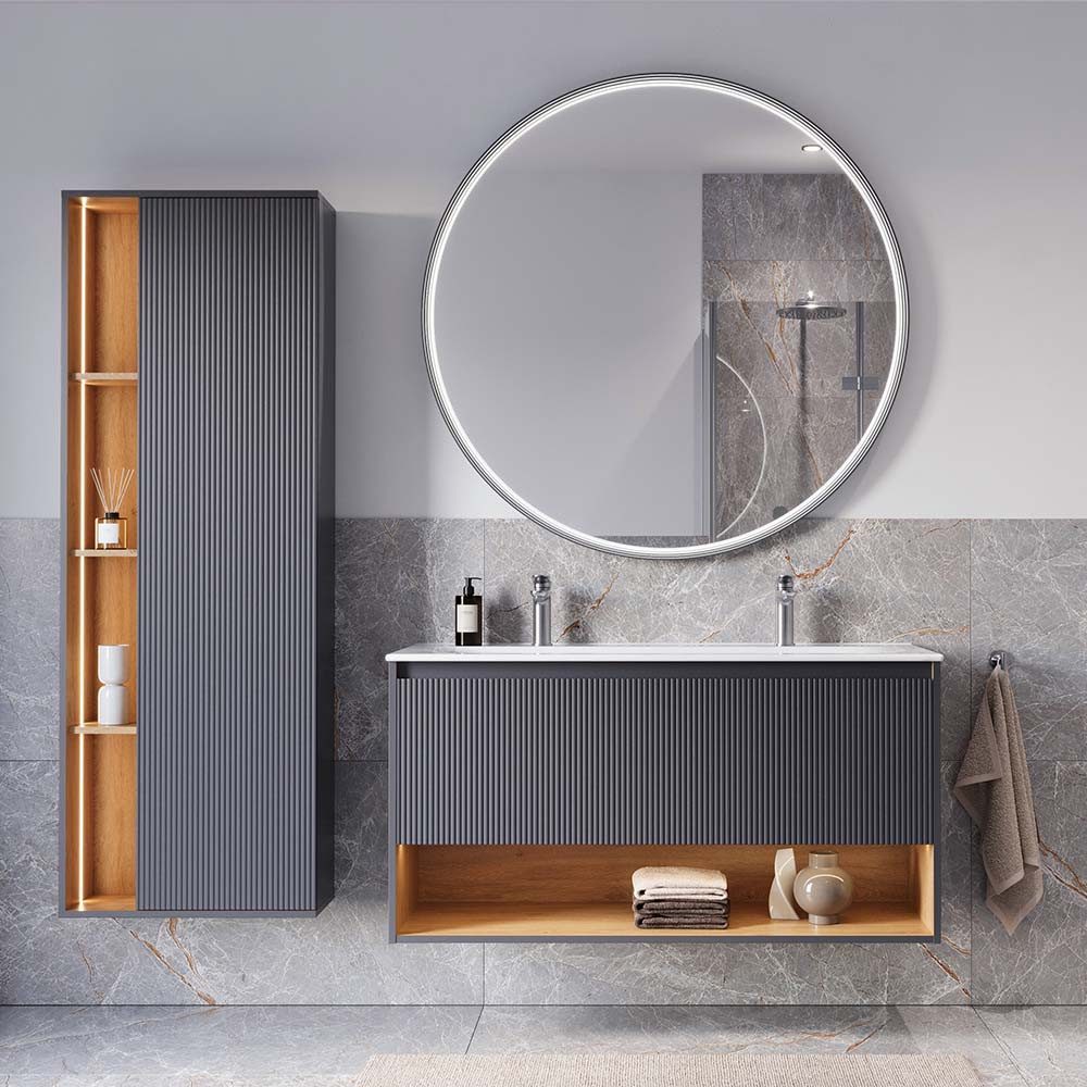 Bernstein Badmöbel-Set BELDIVO 120cm Anthrazit matt Set 4-tlg, Badmöbel Set 120cm Keramik Waschbecken Hochschrank LED-Spiegel