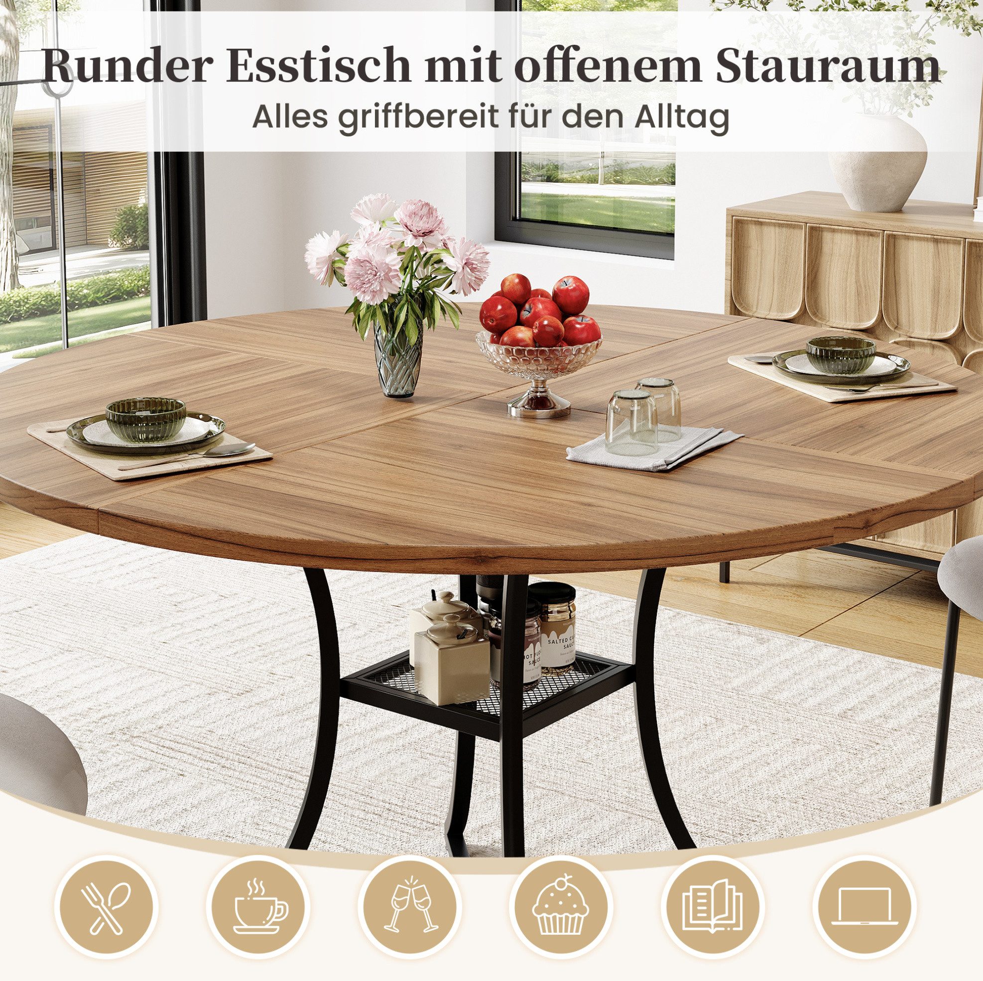 MODFU Esstisch Kompakter Tisch – 100×100×75 cm für 4–6 Personen (Packung, 1-St., Walnuss+Schwarz, für Esszimmer & Wohnzimmer), Walnussoptik, X-Gestell, Ablage, MDF