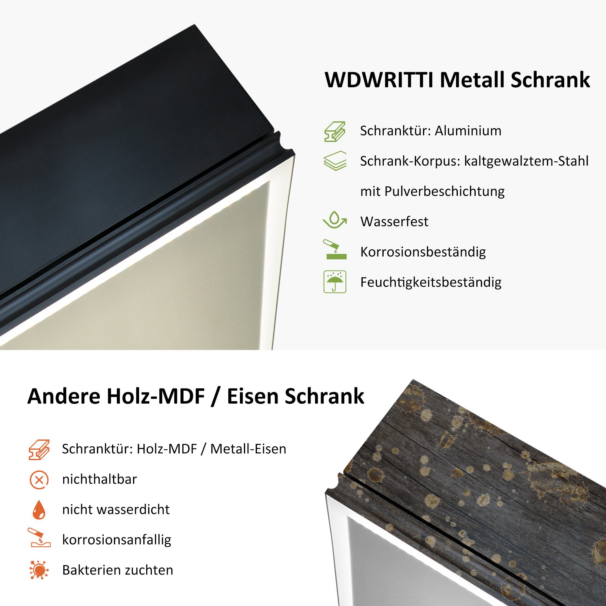 WDWRITTI Badezimmerspiegelschrank 3türig Spiegelschrank bad mit beleuchtung 100cm 90cm (Hängeschrank Schwarz Metall, 100B x 13,5T x 60H cm, 90B x 13,5T x 60H cm) 3Licht, dimmbar, Doppel Spiegel, Anti-Fog