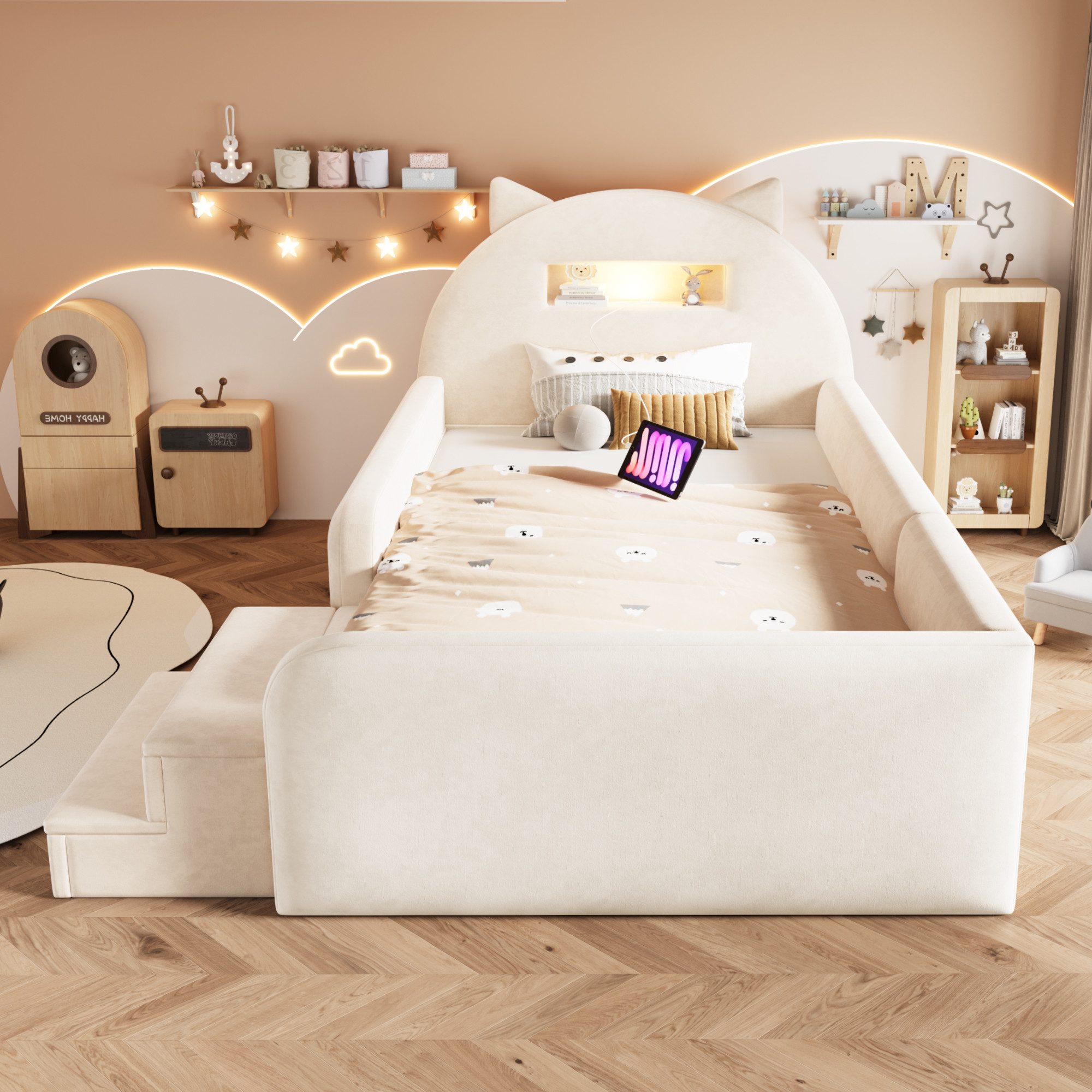 Flieks Polsterbett mit Niedlichem Kopfteil in Ohrenform, Kinderbett 90x200cm mit Nachtlicht, USB-Anschluss und 4 Schubladen