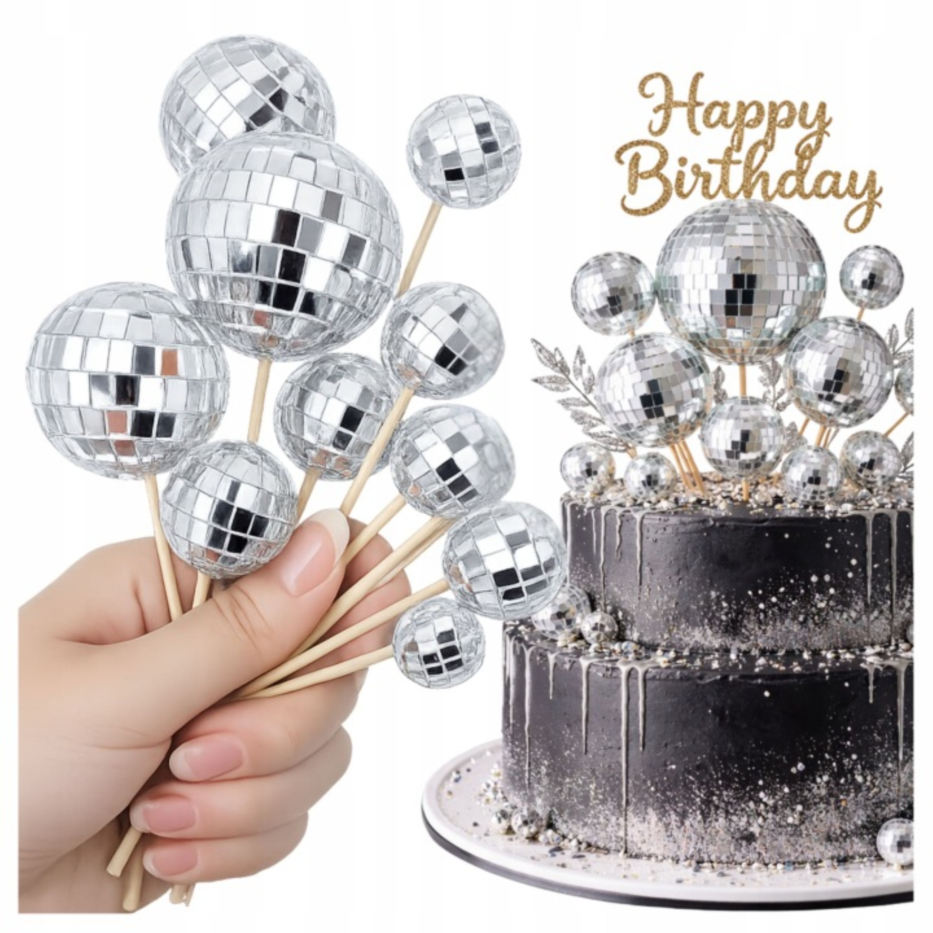 Festivalartikel Tortenstecker 10x Torten Topper Spiegelkugeln Silber Disco Cake Deko Glamour, (1-tlg)
