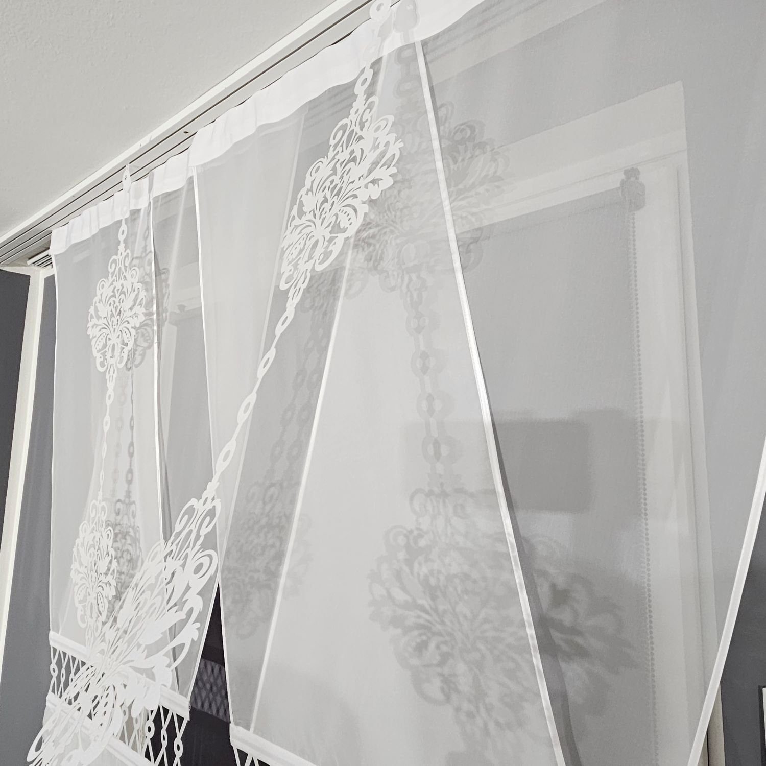 V Set Justyna, Schiebegardine Panel Kräuselband, Gardinen by Paneele, mit Fensterdeko transparent, Modern, Gipüre, 2er Fertiggardine, Scheibegardinen,