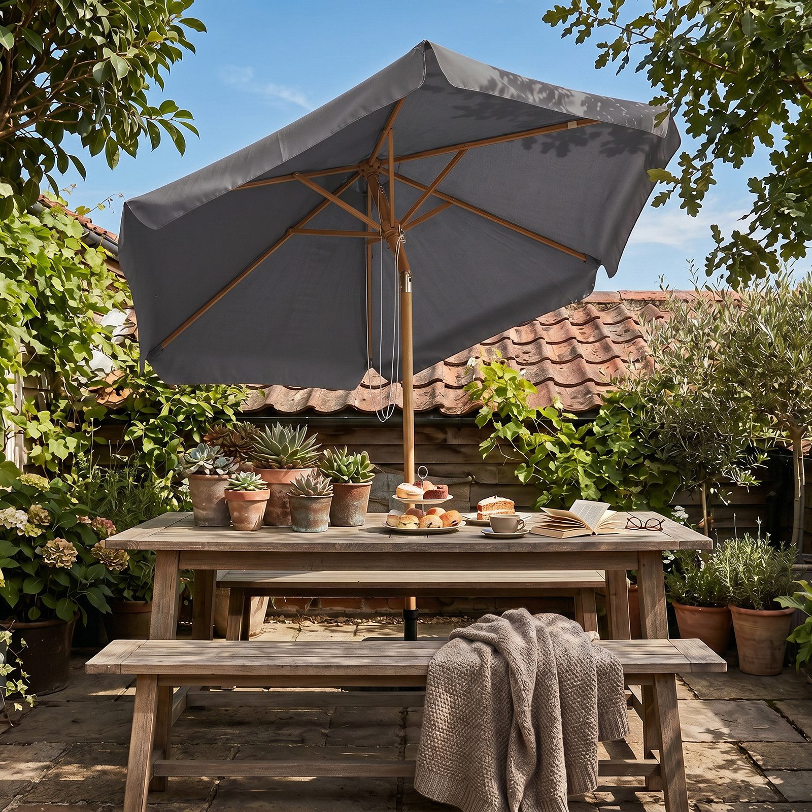 Sekey Balkonschirm Ø 200 cm Sonnenschirm Holzoptik Gartenschirm für Terrasse und Hof, LxB: 200,00x220,00 cm, Stabiler Sonnenschirm knickbar, UV Schutz 50+