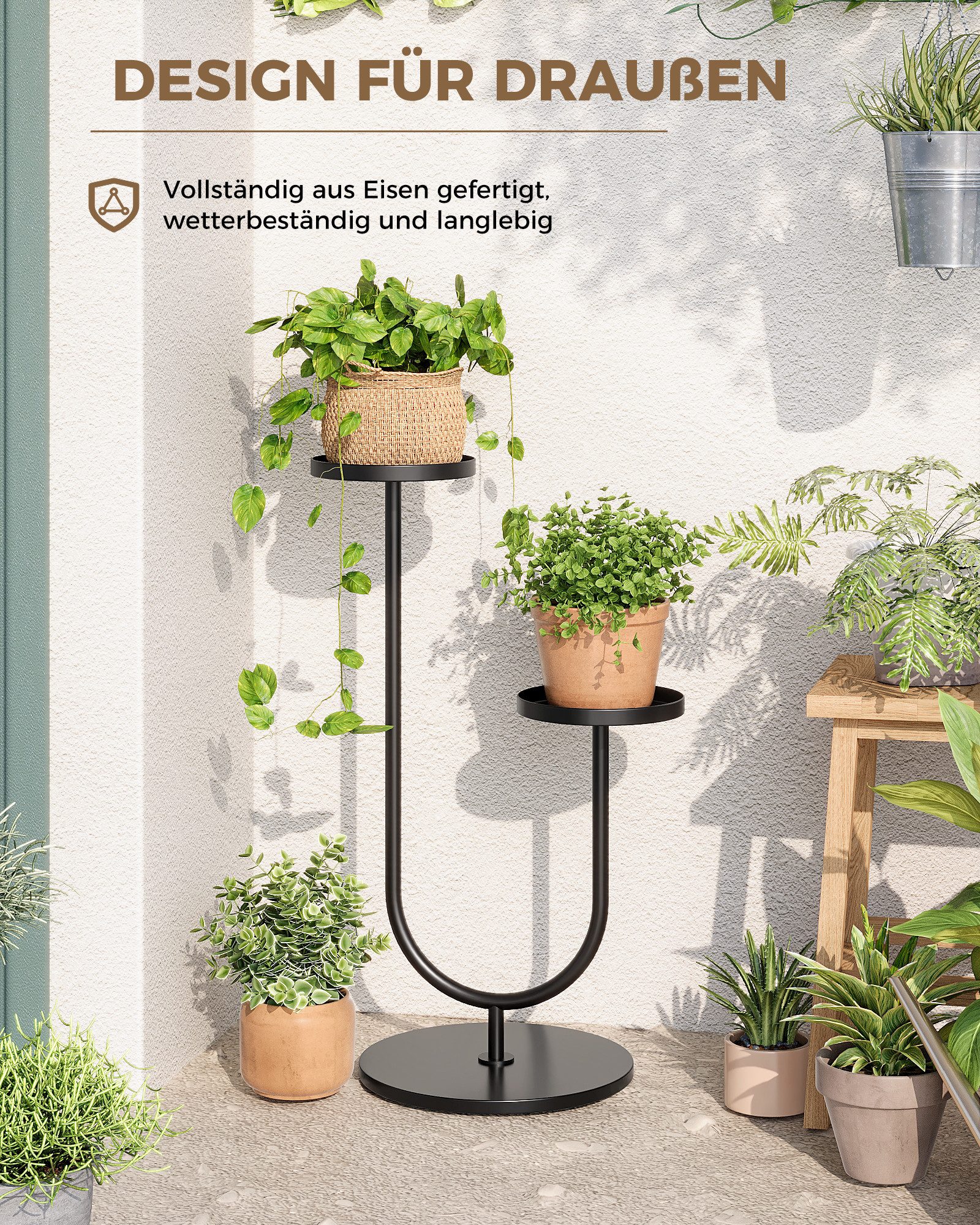 Bamworld Blumenständer Metall Pflanzständer 2-stufig – Modernes Design in Schwarz (1 St), Perfekt für Wohnzimmer, Balkon, Terrasse oder Garten – Bild 4 von 5