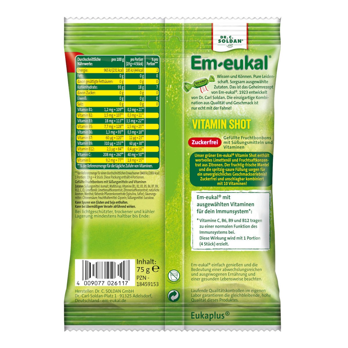 Em-eukal Süßigkeit, Em-eukal Vitamin-Shot sauer zuckerfrei gefüllte Fruchtbonbons 75g