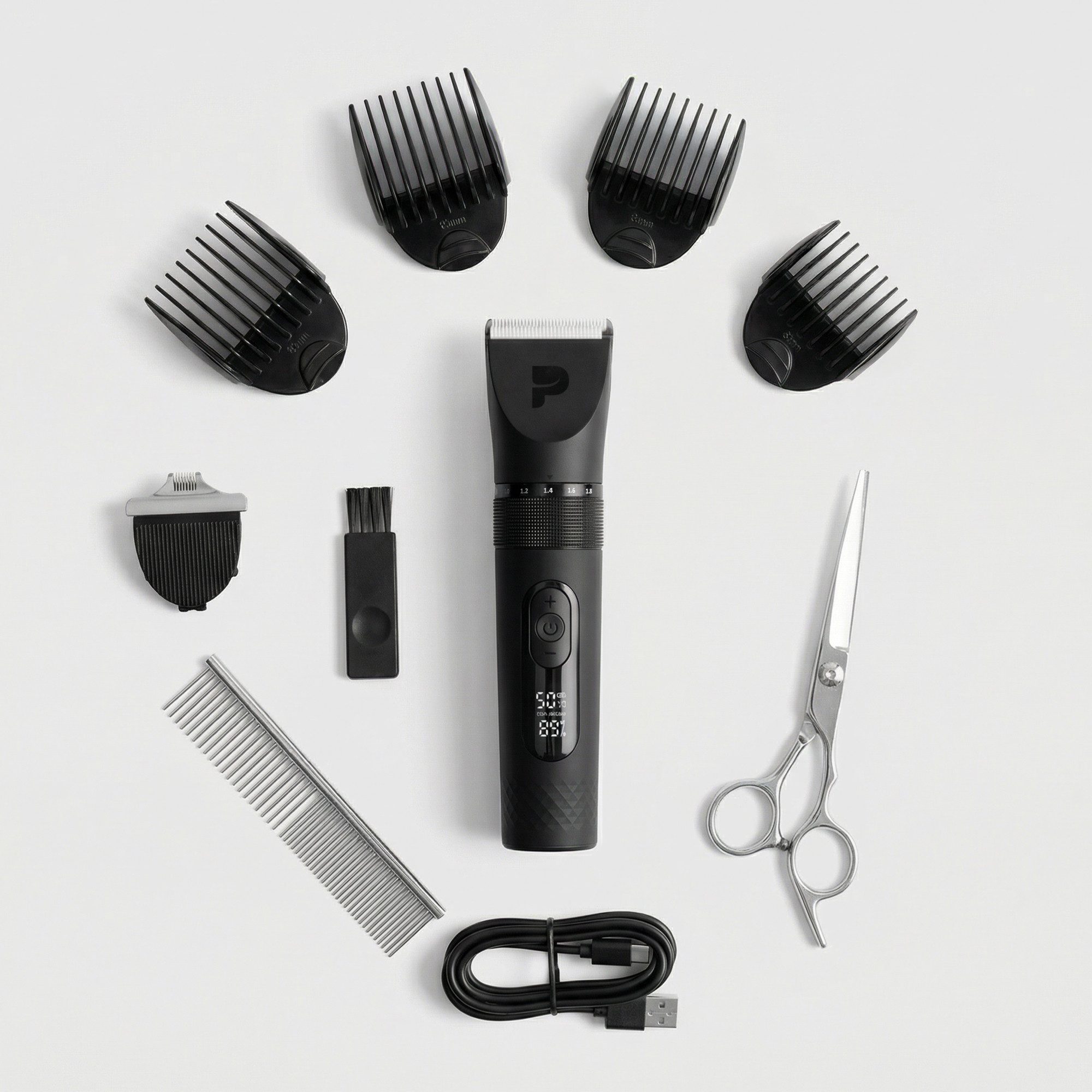 Peluvio Hundeschermaschine NIKOS, mit Zubehör zum Trimmen und Pflegen, USB-C/IPX7/LED/5 Stufen/Keramik-Edelstahl-Klinge
