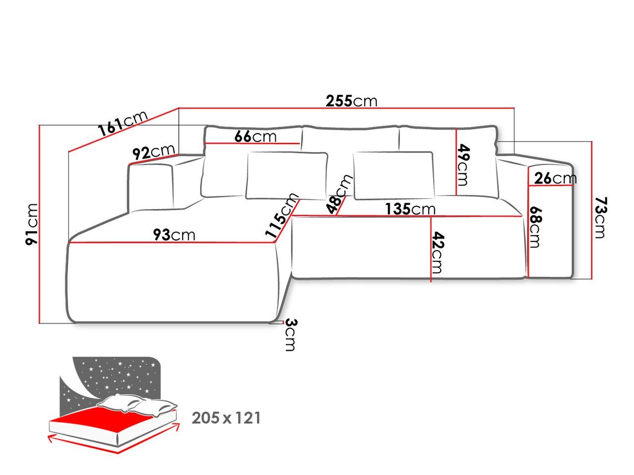 L-Form, und Form 14 Kissen mit beweglicher MIRJAN24 Stripes, in Poso Bettkasten Rückenlehne Schlaffunktion, Ecksofa