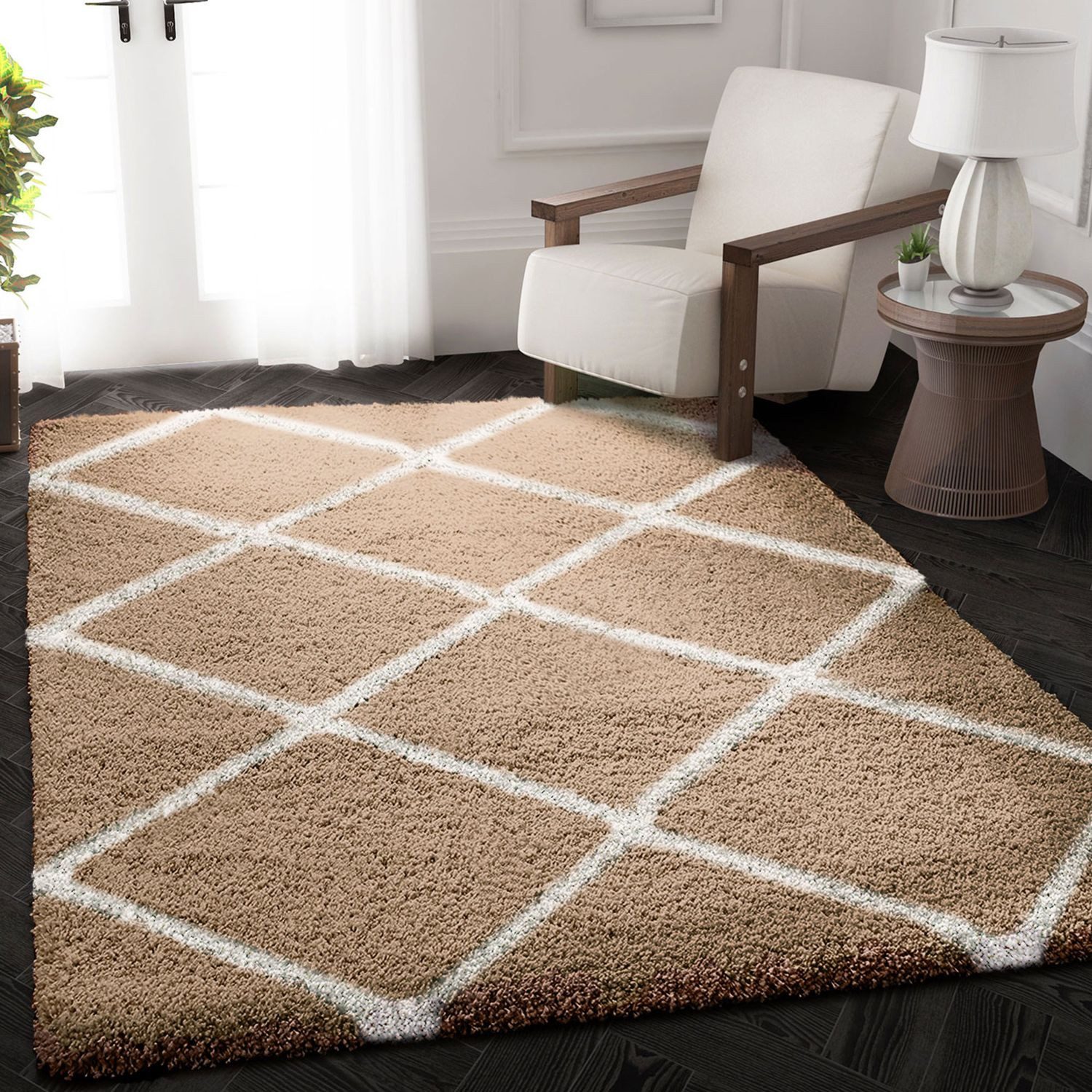 Vimoda Hochflor-Läufer Shaggy Wohnzimmer Rautenmuster Weiss, günstig online kaufen