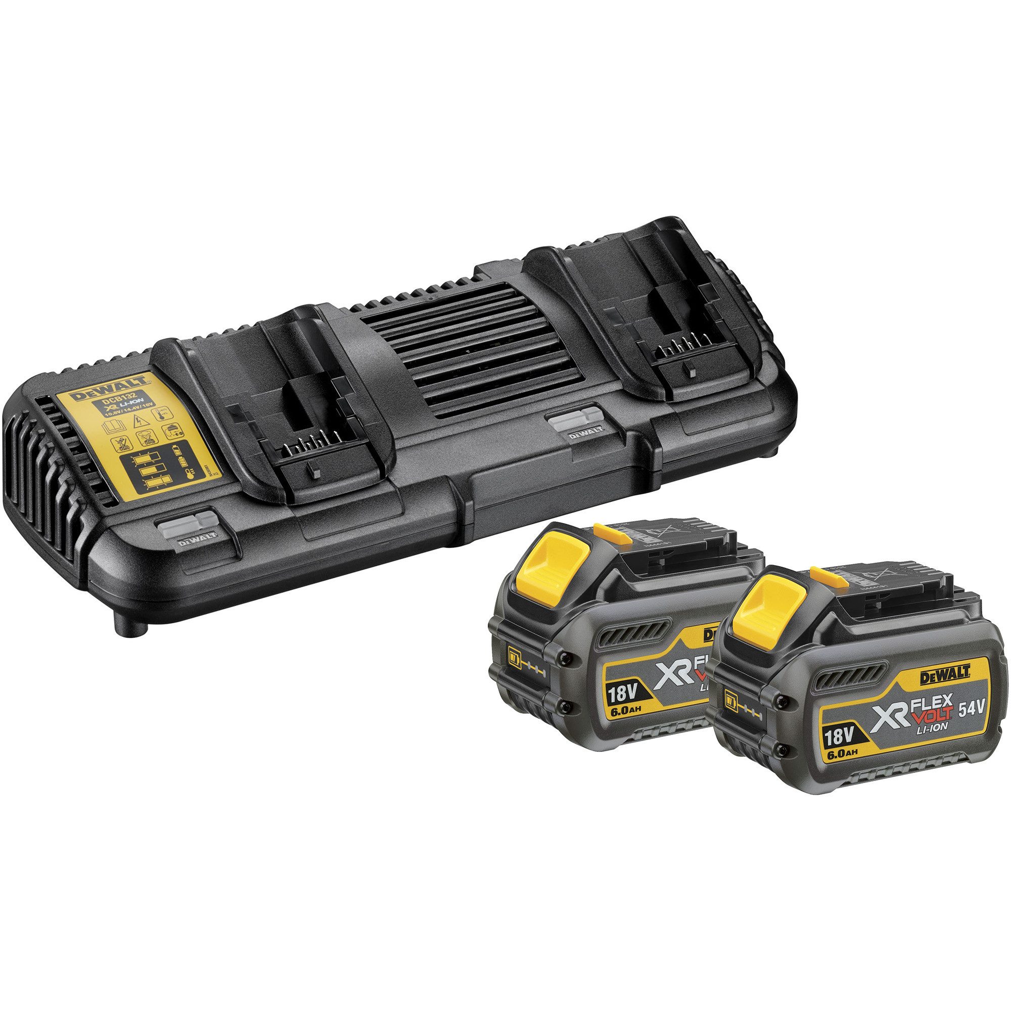 DeWalt DEWALT XR FLEXVOLT Akku Starterkit DCB132T2, inkl. Werkzeug-Akku-Ladetechnik (54Volt 2Ah oder 18Volt 6Ah, Doppel-Schnellladegerät DCB132)