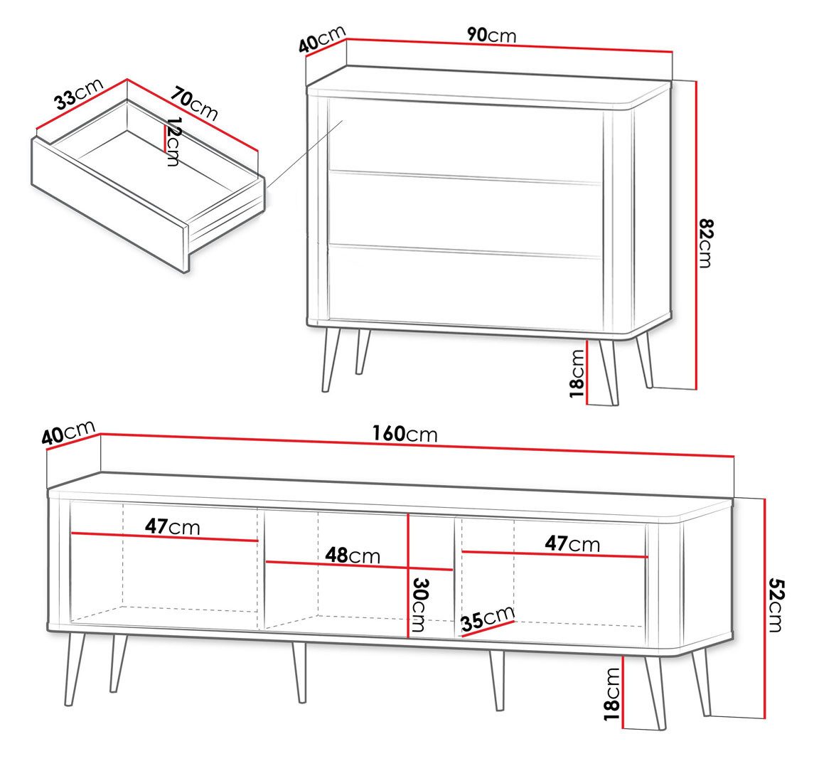 Feldmann-Wohnen Wohnwand Marly, (1 Kommode, 1 Lowboard, 2-St., moderne Optik, abgerundeter Korpus, Zugengriffe aus Metall), 2er-Set Wohnzimmermöbel Kaschmir / Graustein