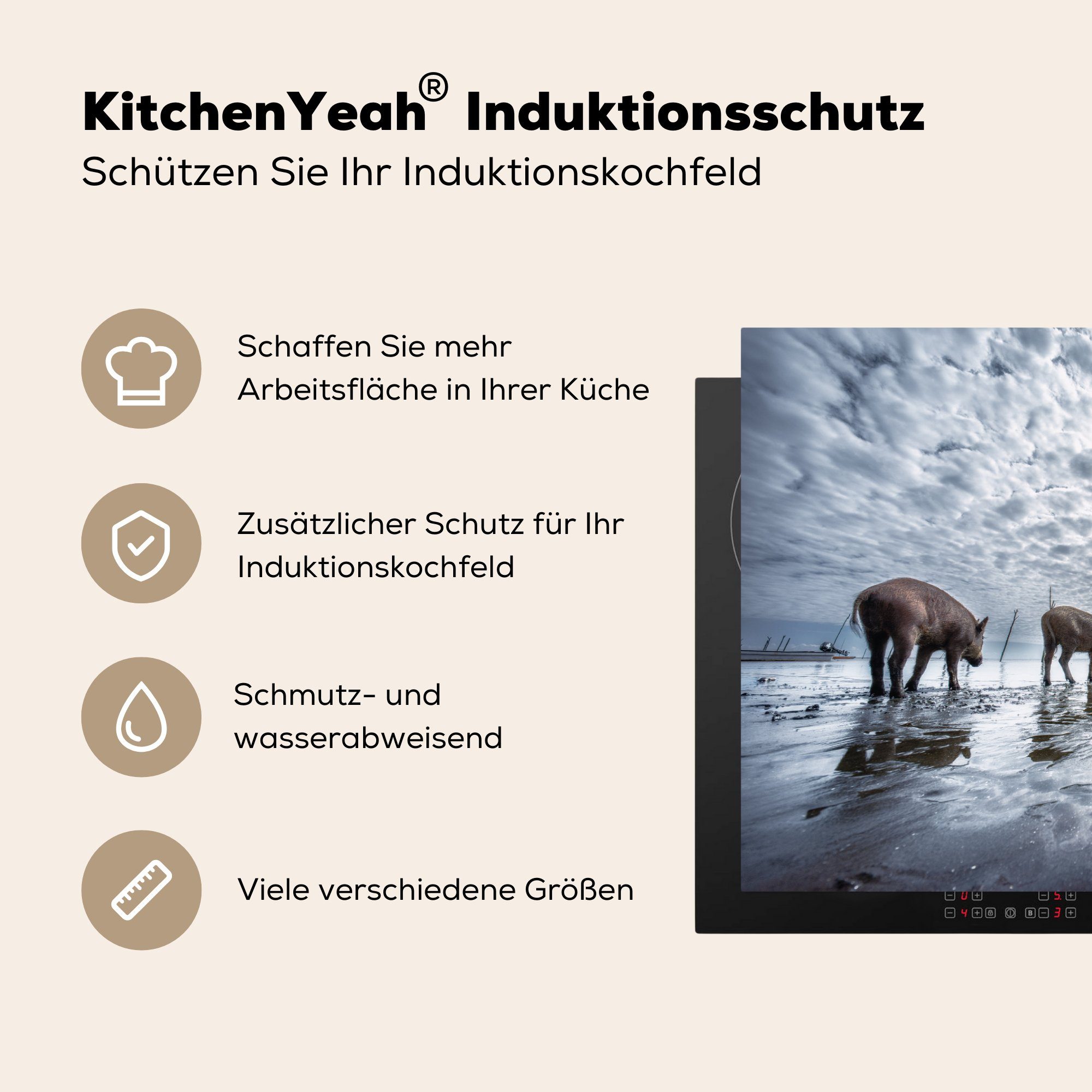MuchoWow Herdblende-/Abdeckplatte cm, tlg), Schweine Induktionskochfeld Wolken, Strand Ceranfeldabdeckung - Vinyl, die Schutz (1 - 81x52 küche, für