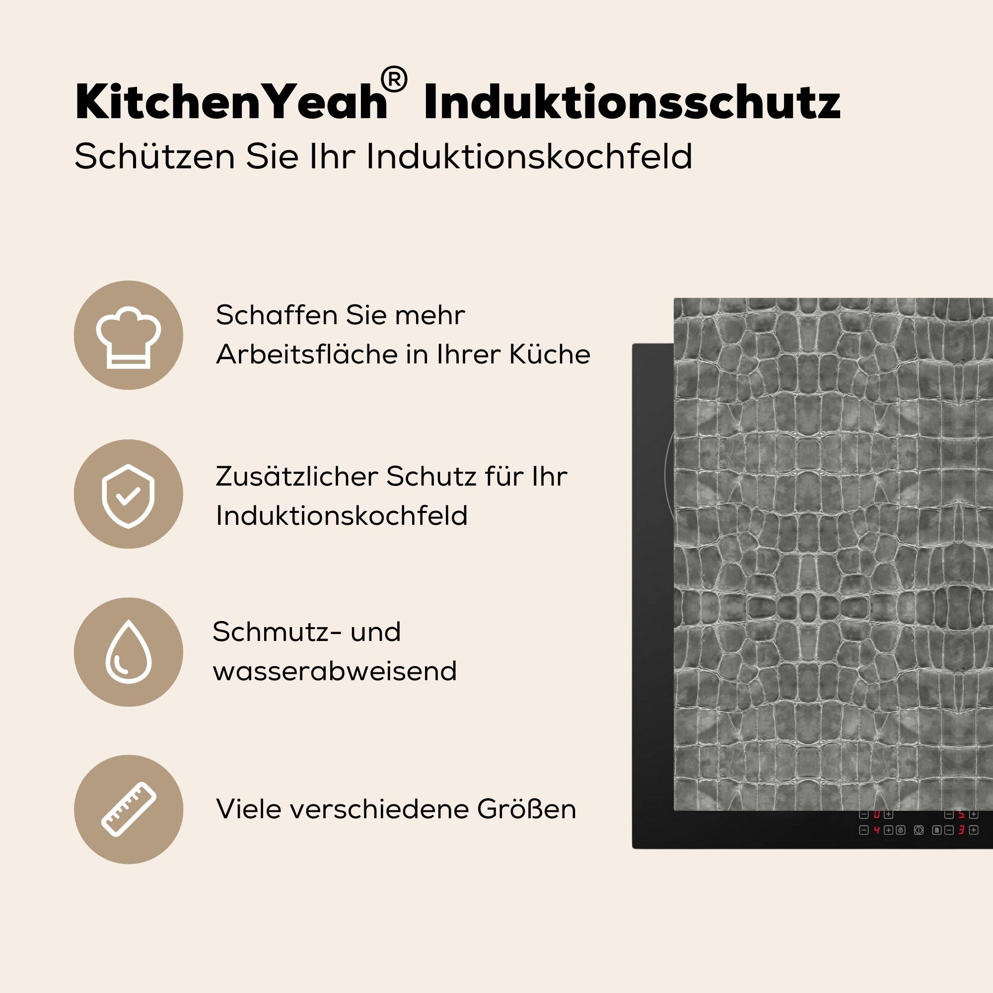 Herdblende-/Abdeckplatte Leder - 83x51 cm, MuchoWow (1 - Textur küche Arbeitsplatte - Induktionsschutz Ceranfeldabdeckung, Vinyl, tlg), Tierhaut, für