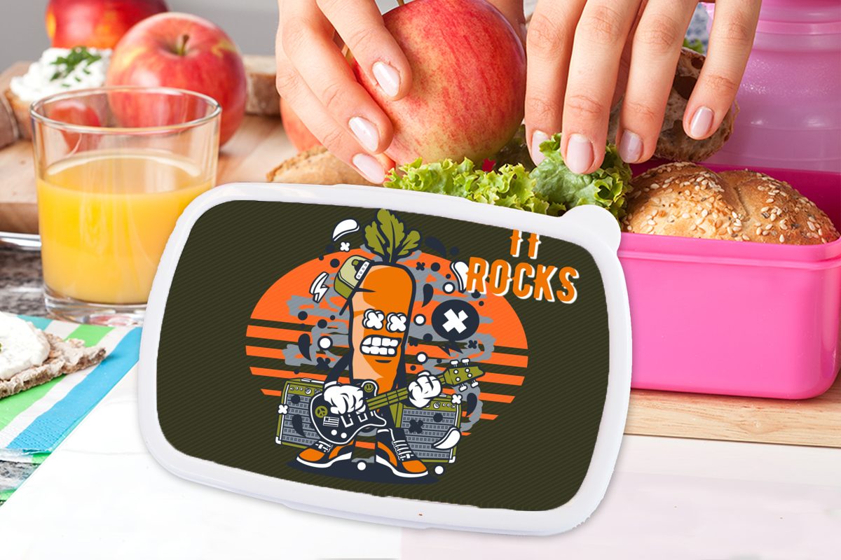 Retro, Brotdose rosa Lunchbox Gitarre Mädchen, Brotbox (2-tlg), Erwachsene, Kunststoff - Karotte - Kinder, für MuchoWow Snackbox, Kunststoff,
