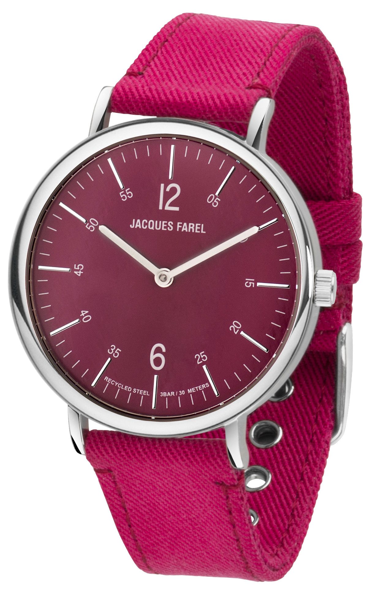 Jacques Farel Quarzuhr ORS2288 nachhaltige Damen Armbanduhr Recycling-Stahlgehäuse Lyocellband 3 bar, Analog Beere Pink Damenuhr Geschenk Frauen Ø38 mm