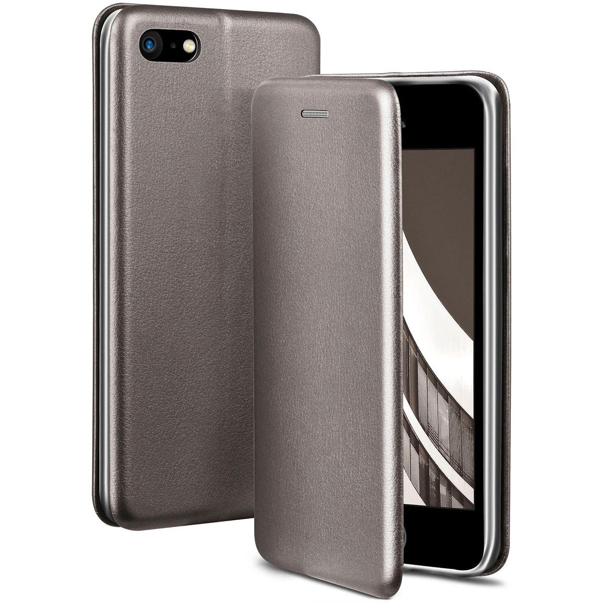 ONEFLOW Handyhülle für iPhone 5s Premium Hülle Business Cover Grau 4 Zoll, 360 Grad Schutzhülle Flip Case Etui Klapphülle Dünn Leder Handy Tasche