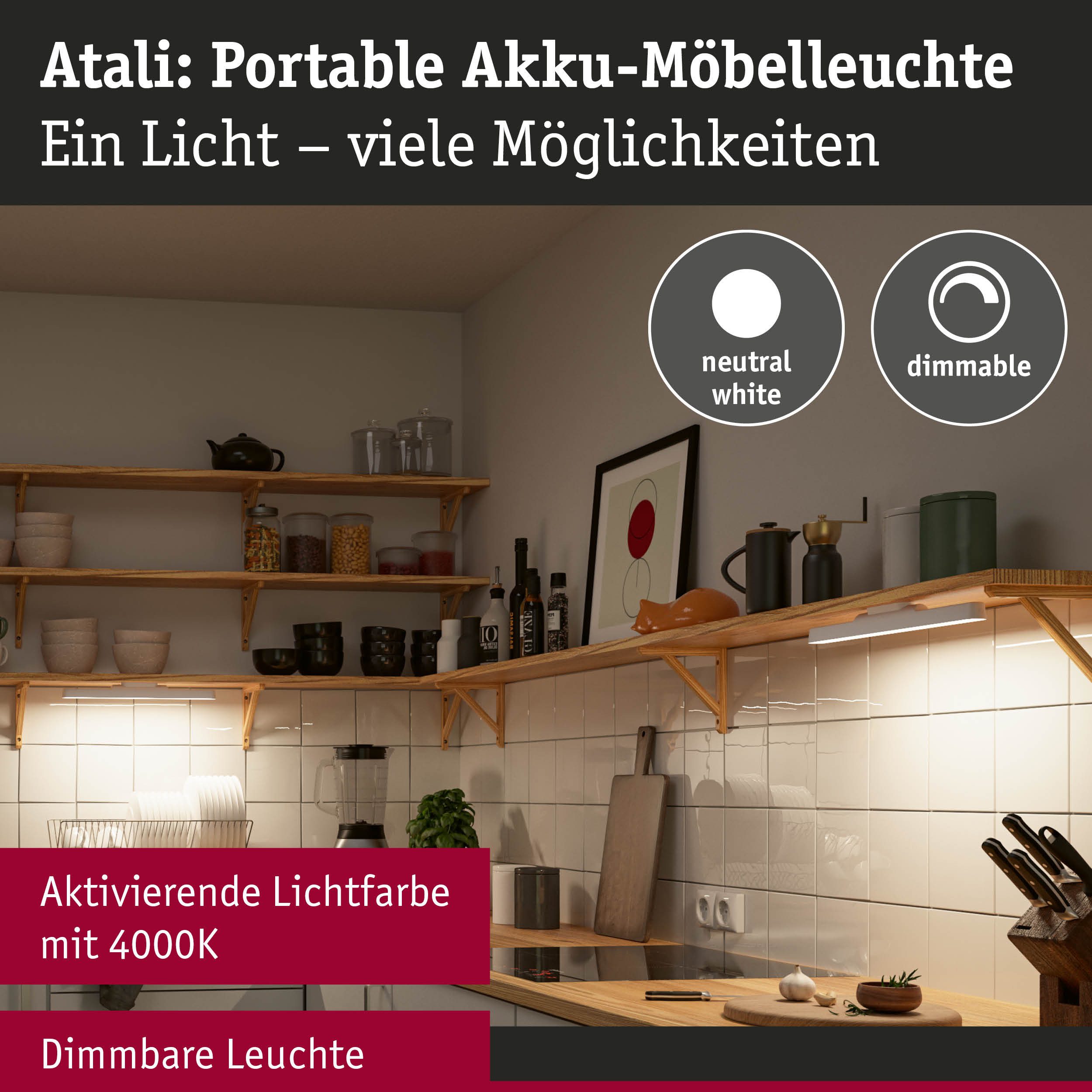 Paulmann Einbauleuchte Mobile Möbelaufbauleuchte Atali 240lm 4000K, LED fest integriert, Neutralweiß, Dimmer, Ein-/Ausschalter, USB-Ladefunktion