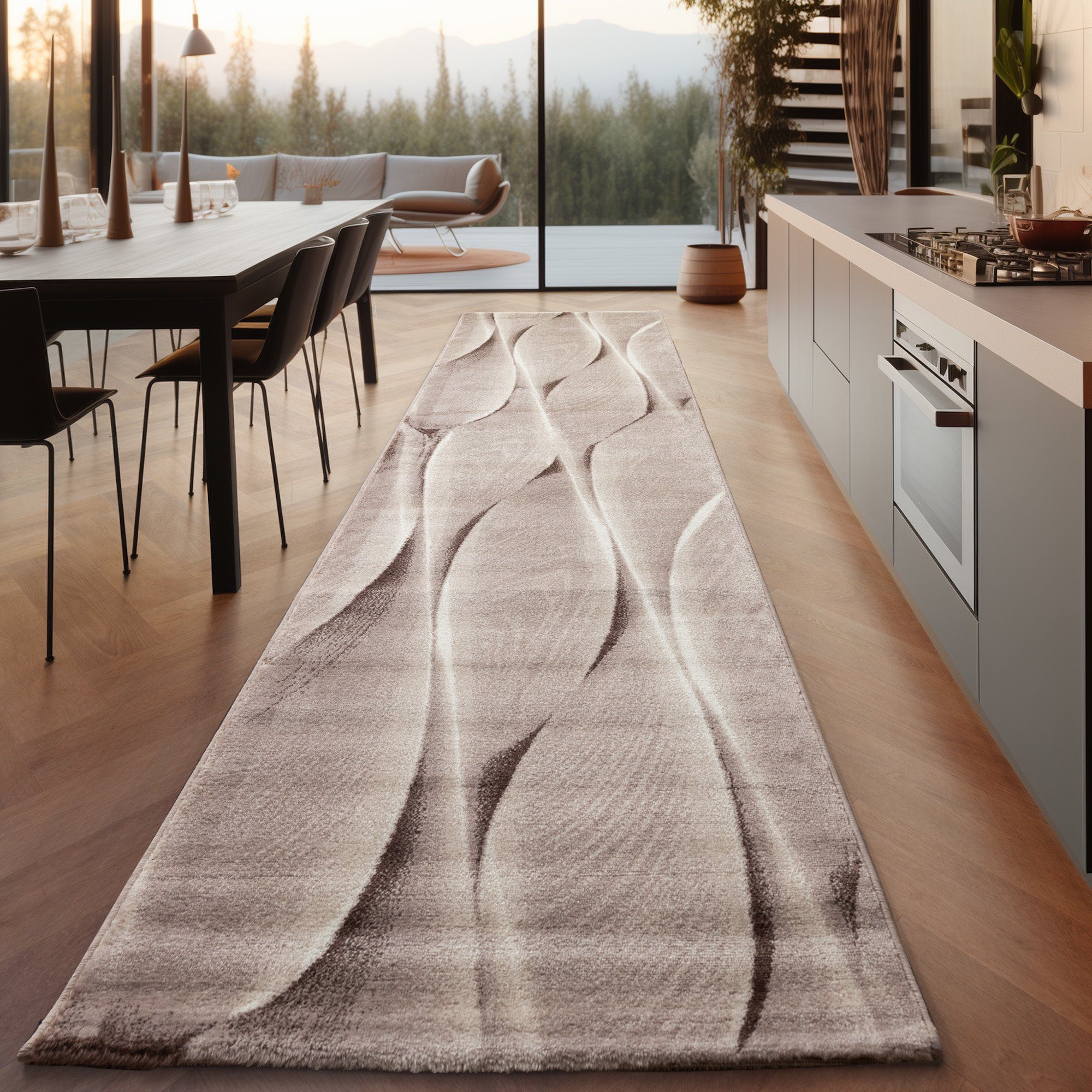 SIMPEX24 Designteppich Ombre Design, Läufer, Höhe: 12 mm, Modern Kurzflor Teppich Wohnzimmer Wellen Holz Optik Verschidene Größe