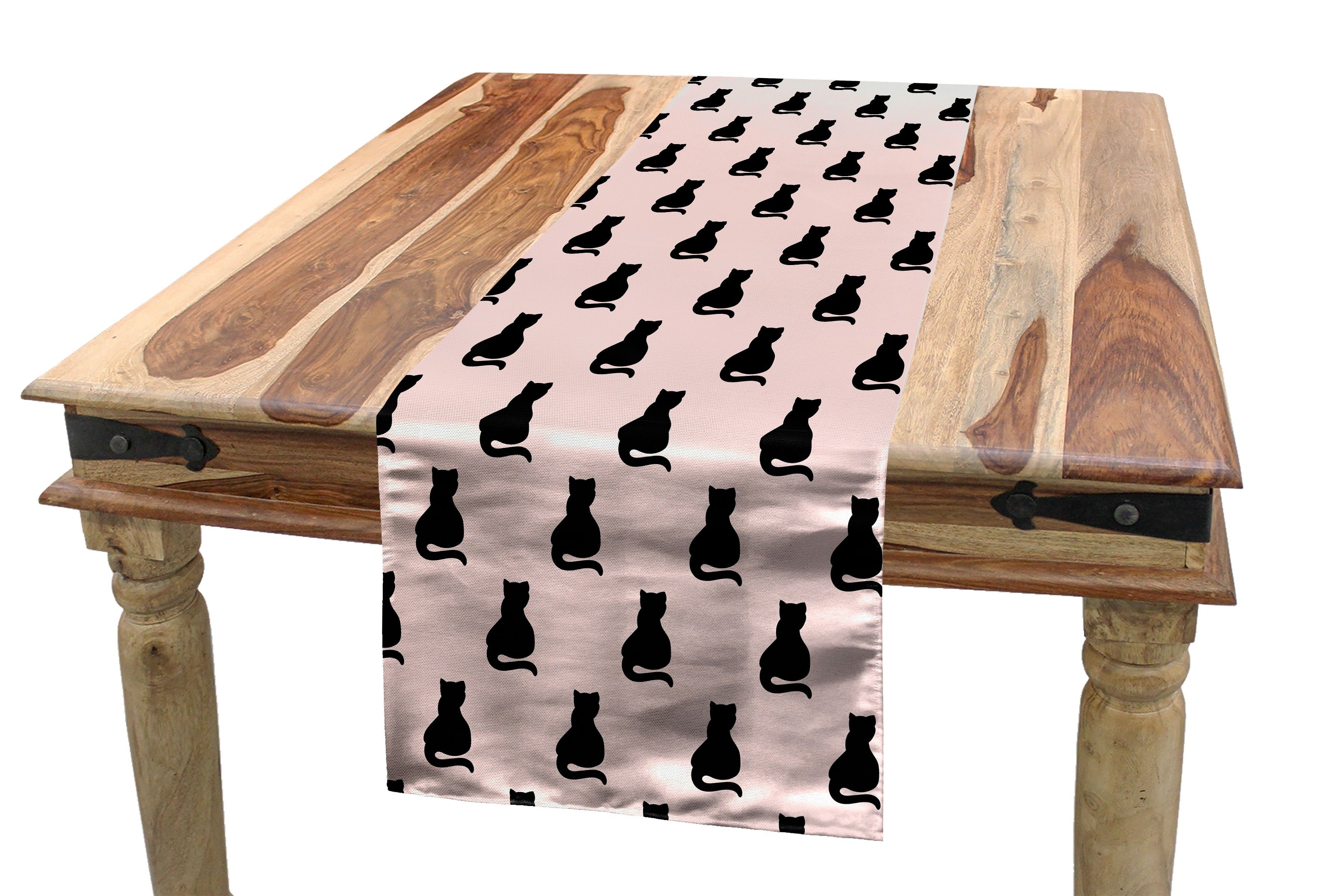 Rechteckiger Tischläufer, Küche Schwarze Dekorativer Katze Tischläufer Abakuhaus auf Silhouetten Rosa Esszimmer