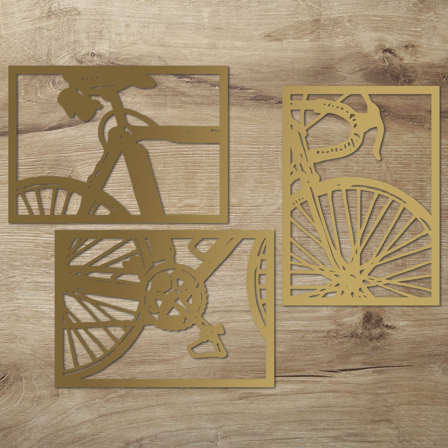 Namofactur Wanddekoobjekt XXL Fahrrad Wandbild Dein Holz für zuhause Außergewöhnliches aus Gold (3-teilig), Holz-Wandtattoo