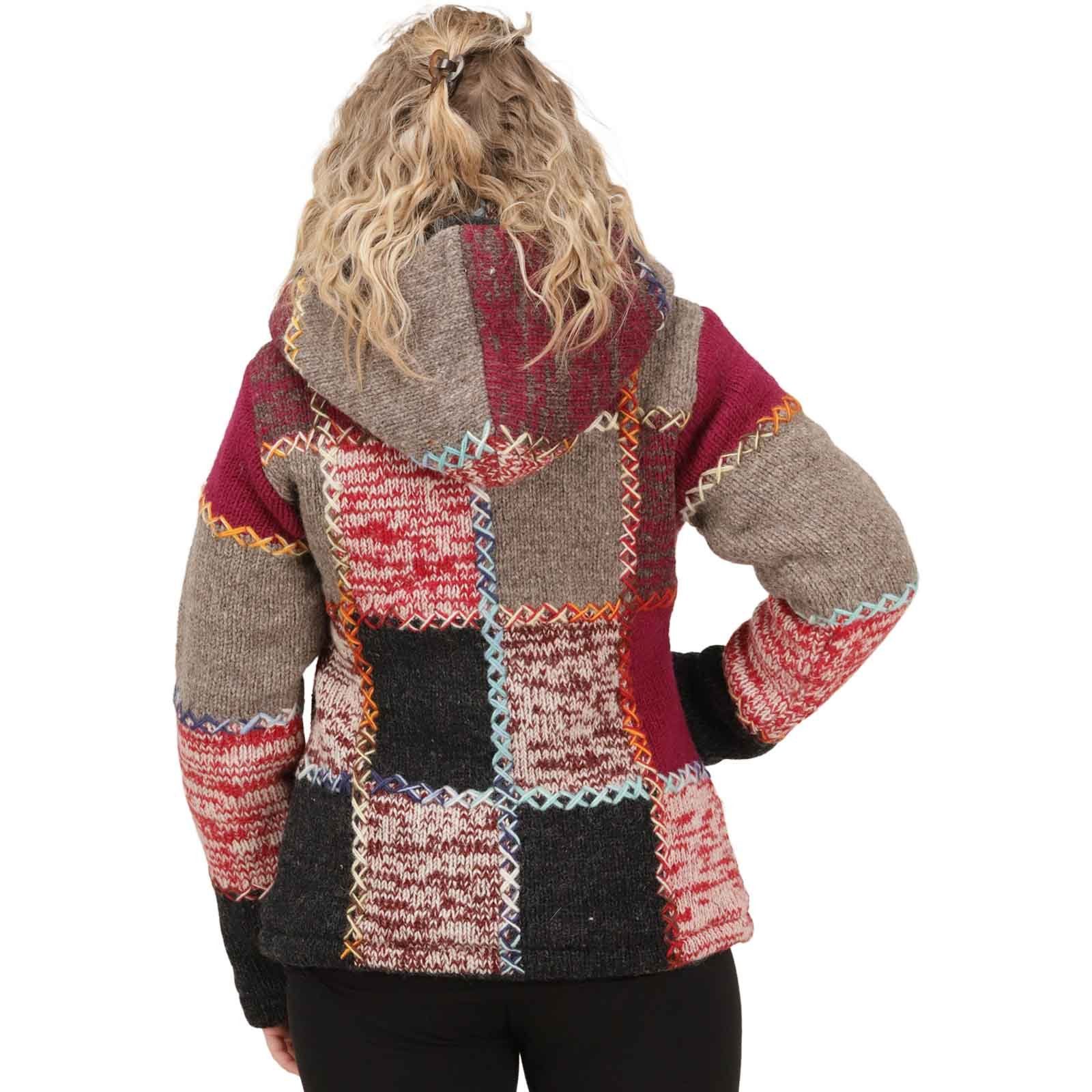 KUNST UND MAGIE Kapuzenstrickjacke Strickjacke Wolle Bunte Patchworkjacke Fleecefutter abnehmbarer Kapuze