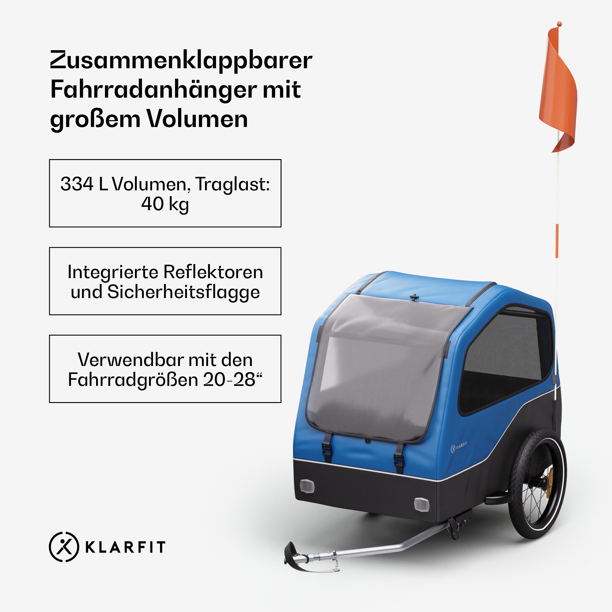 KLARFIT Fahrradkinderanhänger Goldie Home Fahrradanhänger 334 L, Fahrradanhänger Wetterfest Hund klappbar Stahl 20-28"