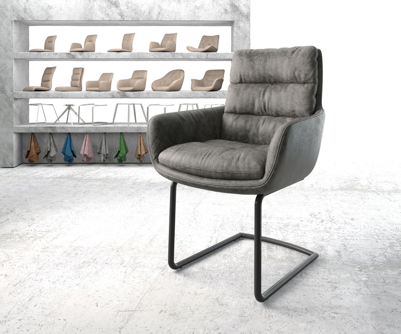DELIFE Esszimmerstuhl Abelia-Flex, mit Armlehnen Freischwinger rund Schwarz Grau Antik | Stühle
