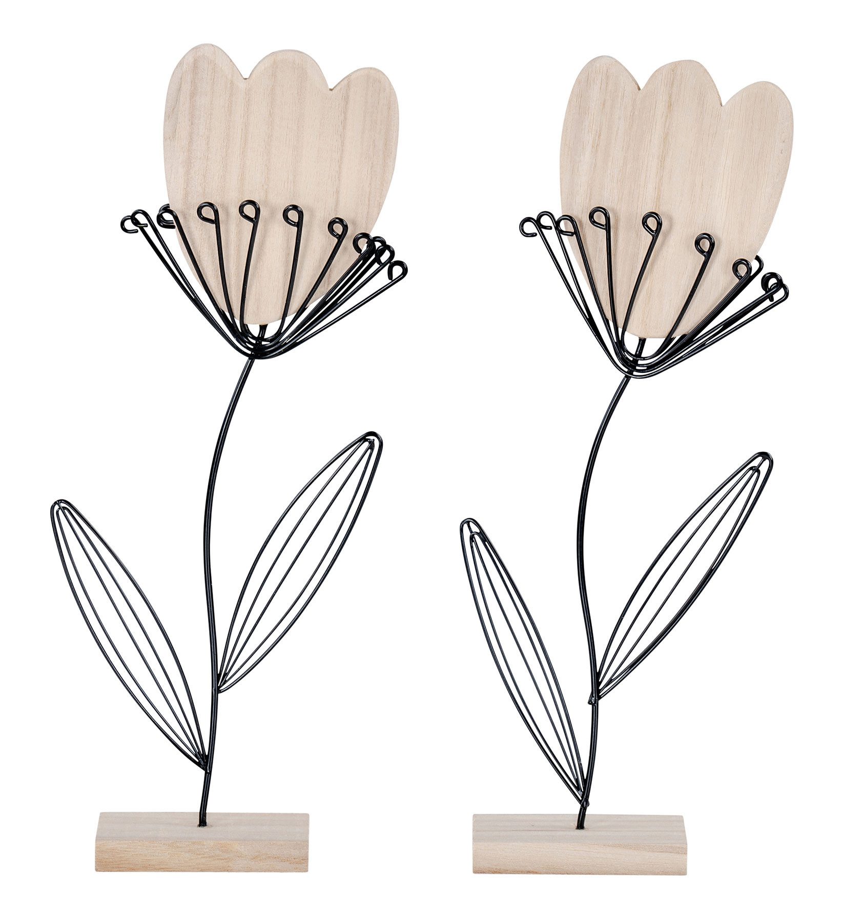 Levandeo® Dekoobjekt, 2er Set Deko Aufsteller Blume Metall Holz Schwarz Natur Draht Deko