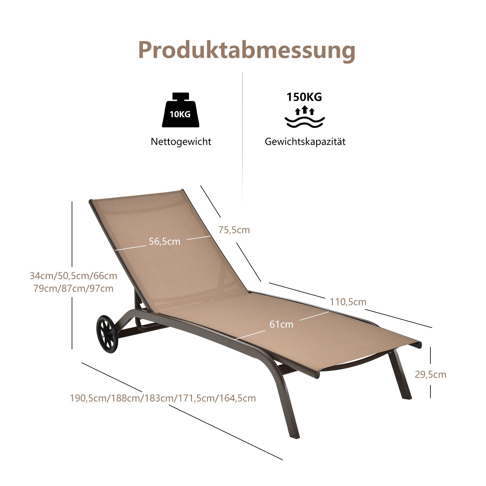 COSTWAY Gartenliege Sonnenliege, mit Rollen, 6-fach verstellbar – Bild 5 von 5