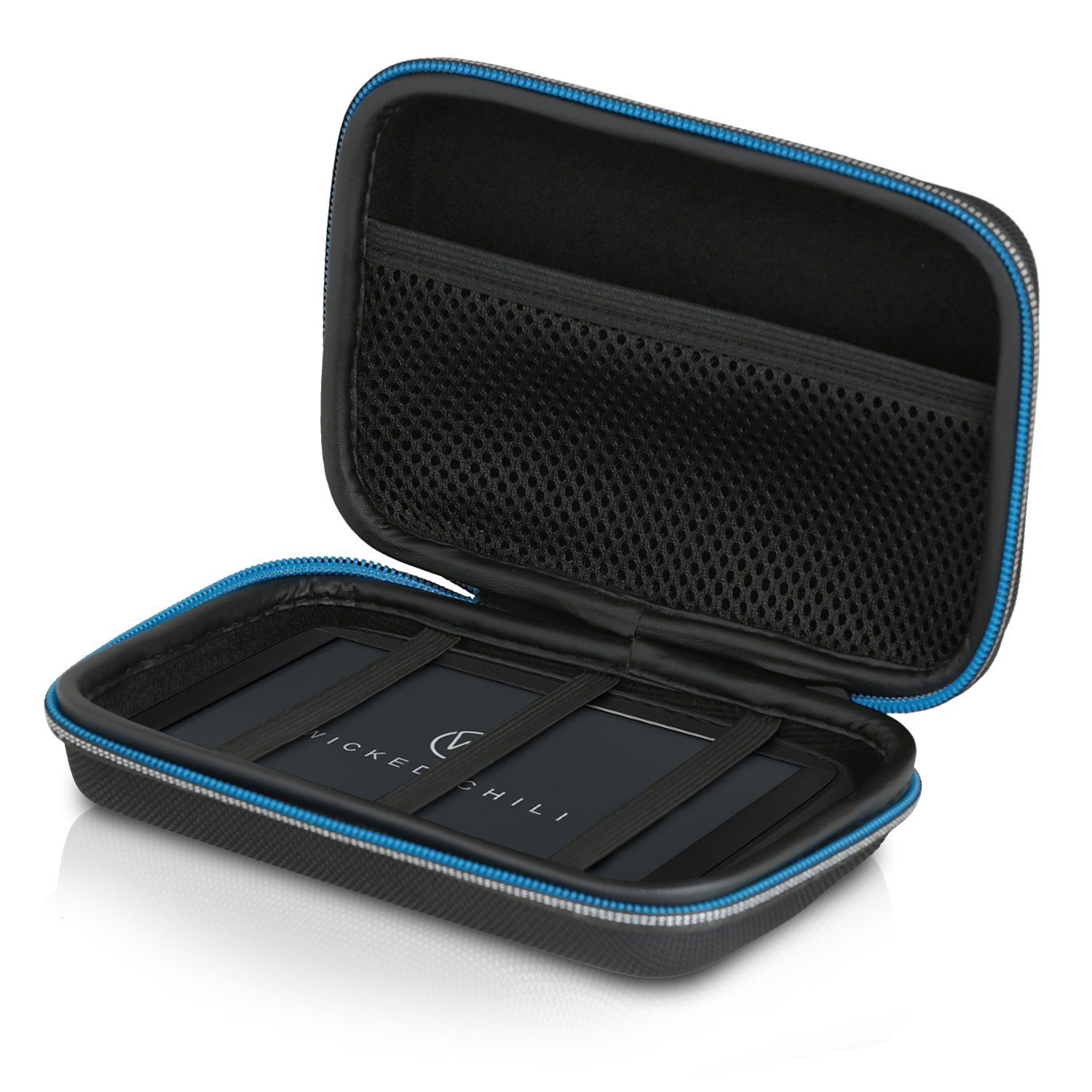 Wicked Chili Aufbewahrungstasche AntiShock Tasche für Festplatte SSD & Navigationsg, Universal (max. Gerätemaße: 15 x 10 x 4.5cm) / Dehnbar / Navi-Schutzhülle / Travel Case / Antishock Schutztasche für TOMTOM-Navi / Mit Netzfach für USB Kabel, Ladegerät u