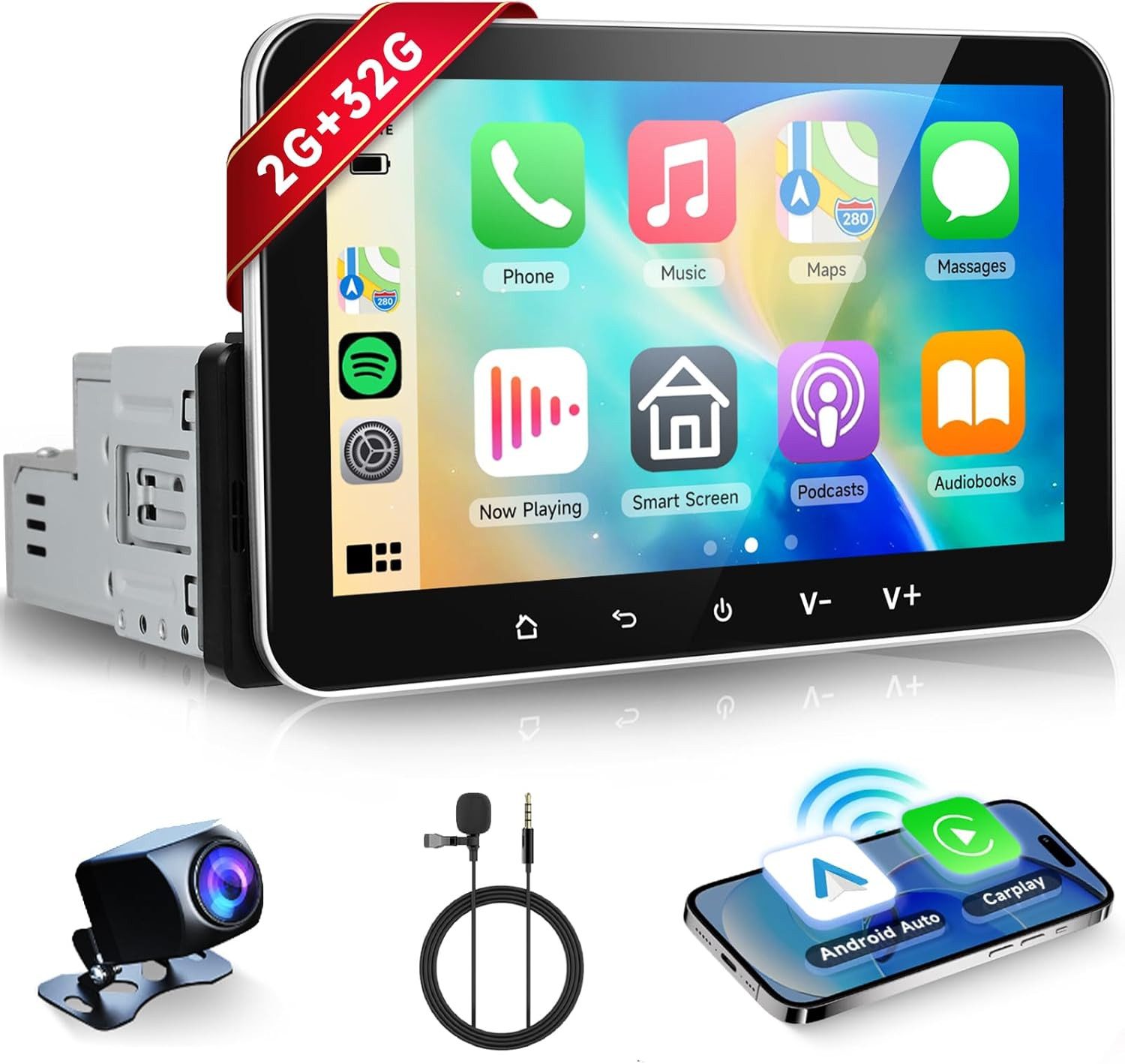 PODOFO 1 DIN Autoradio mit CarPlay, 7" Display, DAB+, Rückfahrkamera, GPS Autoradio (Digitalradio (DAB), Wireless CarPlay/Android Auto Bunte Lichter)