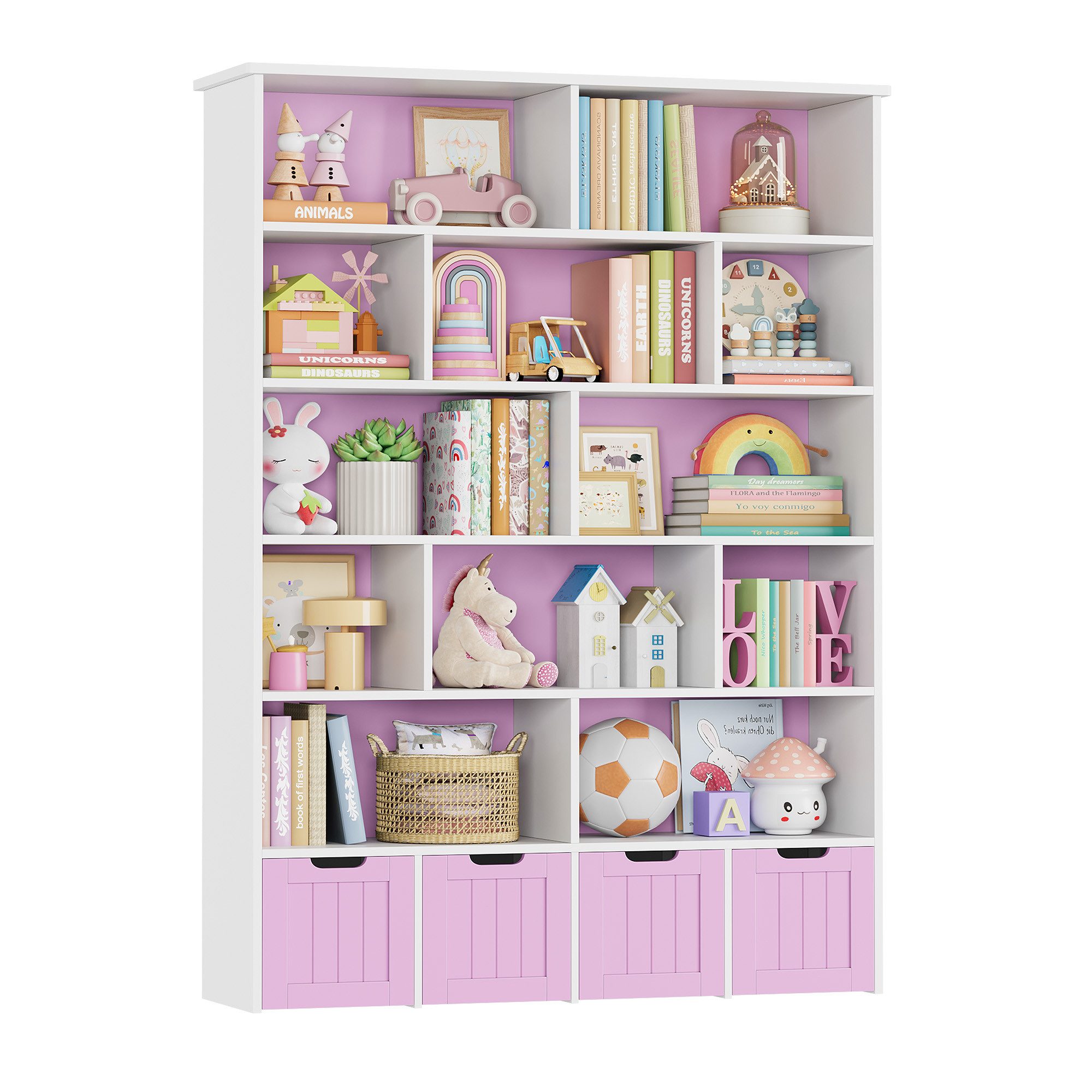 Homfa Kinderregal mit 4 Spielzeugkisten auf Rollen, Spielzeugregal mit 12 offenen Fächern Spielzeugtruhe 125x175x33cm weiß