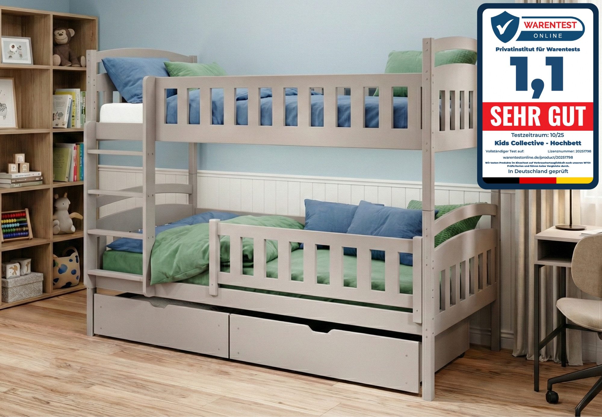 Kids Collective Etagenbett Hochbett Kinderbett 90x200 umbaubar in zwei Einzelbetten (Modell 2025), 90x200 mit zwei Schubladen Lattenrost Rausfallschutz Vollholz Kaschmir