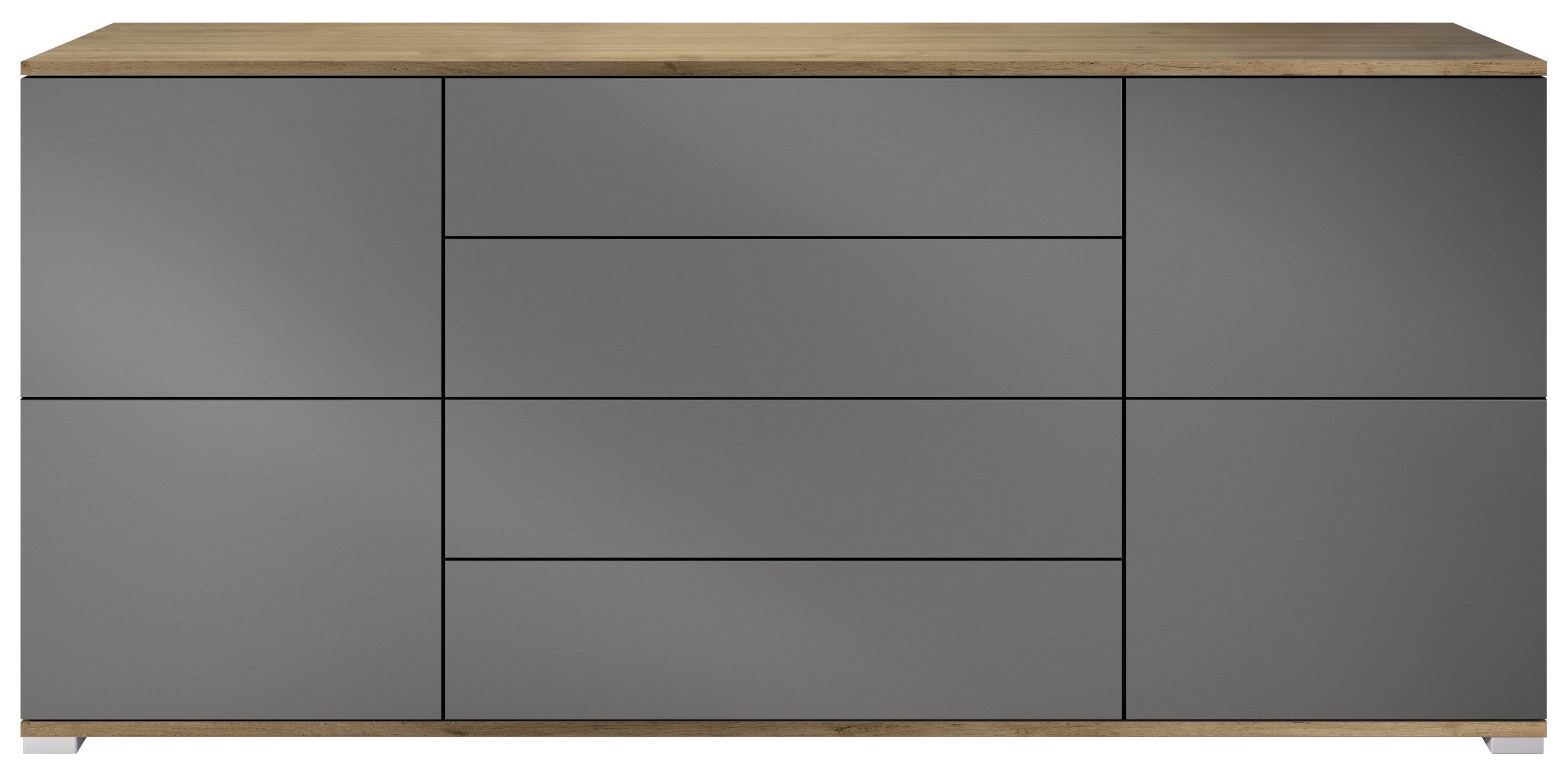 Vladon Sideboard Rova V2 (Kommode mit 4 Türen, 4 Schubladen, Made in Germany), Eiche Evoke/Anthrazit matt (166,5 x 75,5 x 35)