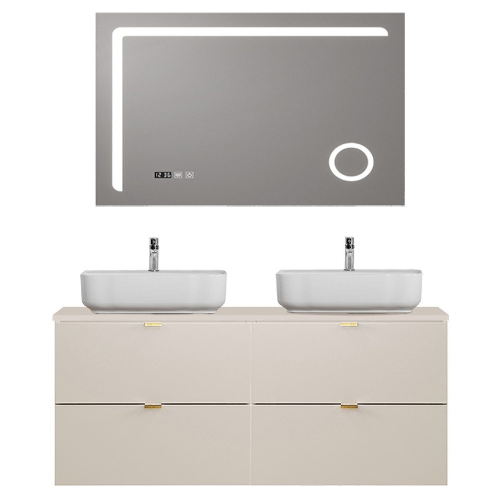 Lomadox Badmöbel-Set DURANGO-56, (Spar-Set, 2-St., LED-Spiegel Doppelwaschtisch), 120cm Waschtisch, kaschmir, verschiedene Grifffarben, LED-Spiegel