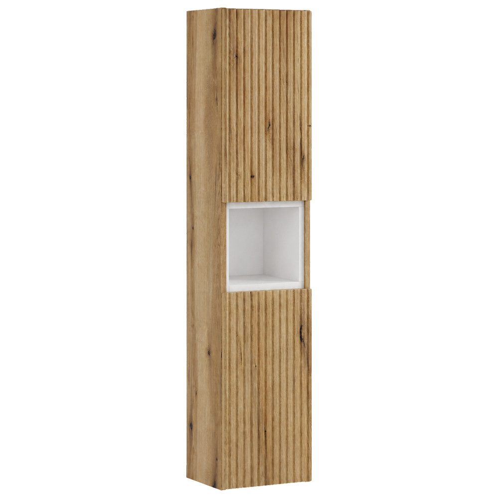 Lomadox Hochschrank NEWPORT-56-EVOKE Badschrank Eiche Rillen 30 cm Fach in Weiß grifflos Softclose Türen