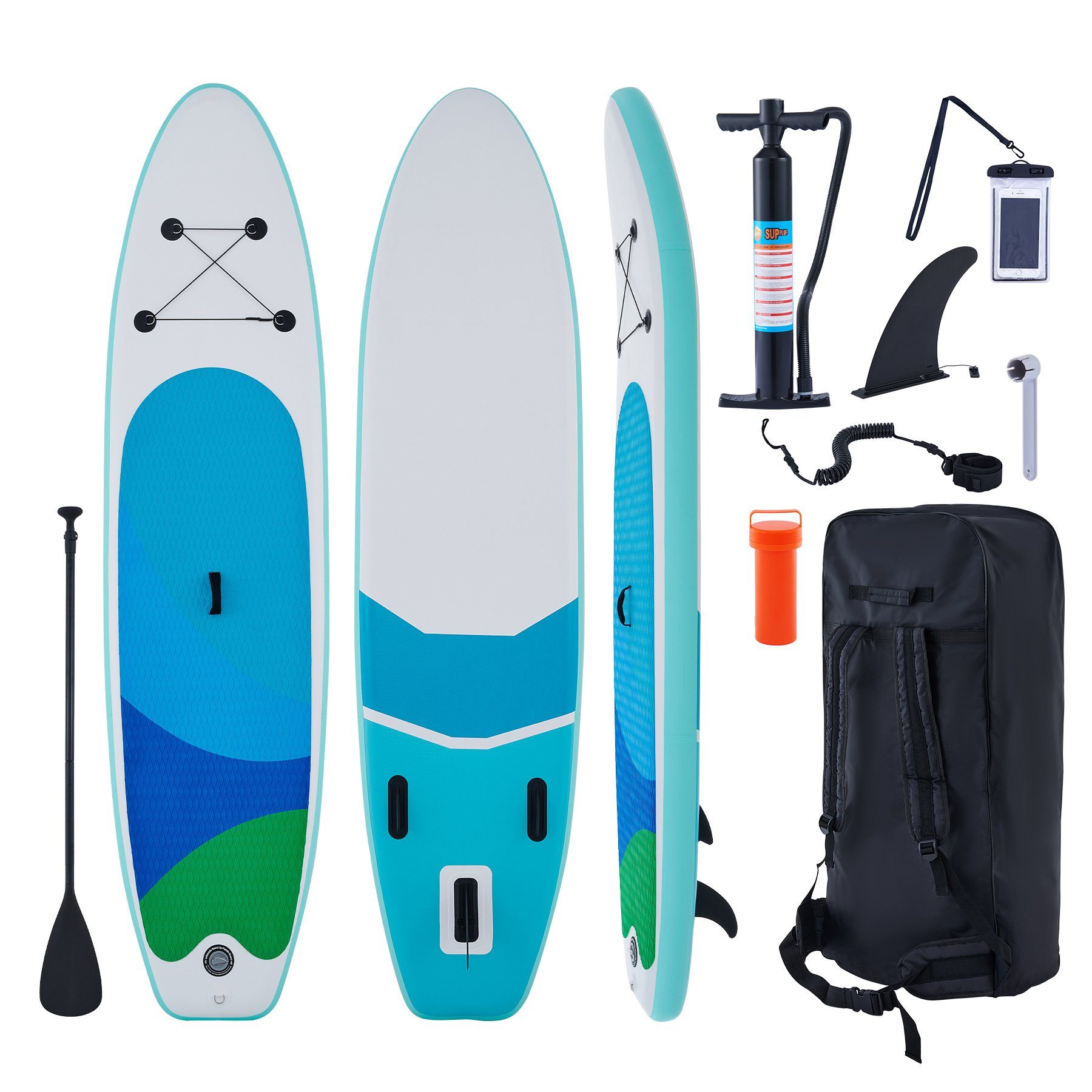 Crenex SUP-Board mit Schlauch und Manometer, Aufblasbar, (Surfboard-Set,  fangleine und Verschluss, Tasche, 1 Ventiltreiber und 2 Patches), mit  Paddelgriff, zusätzliche Welle, Paddelklinge, Flosse, pumpe