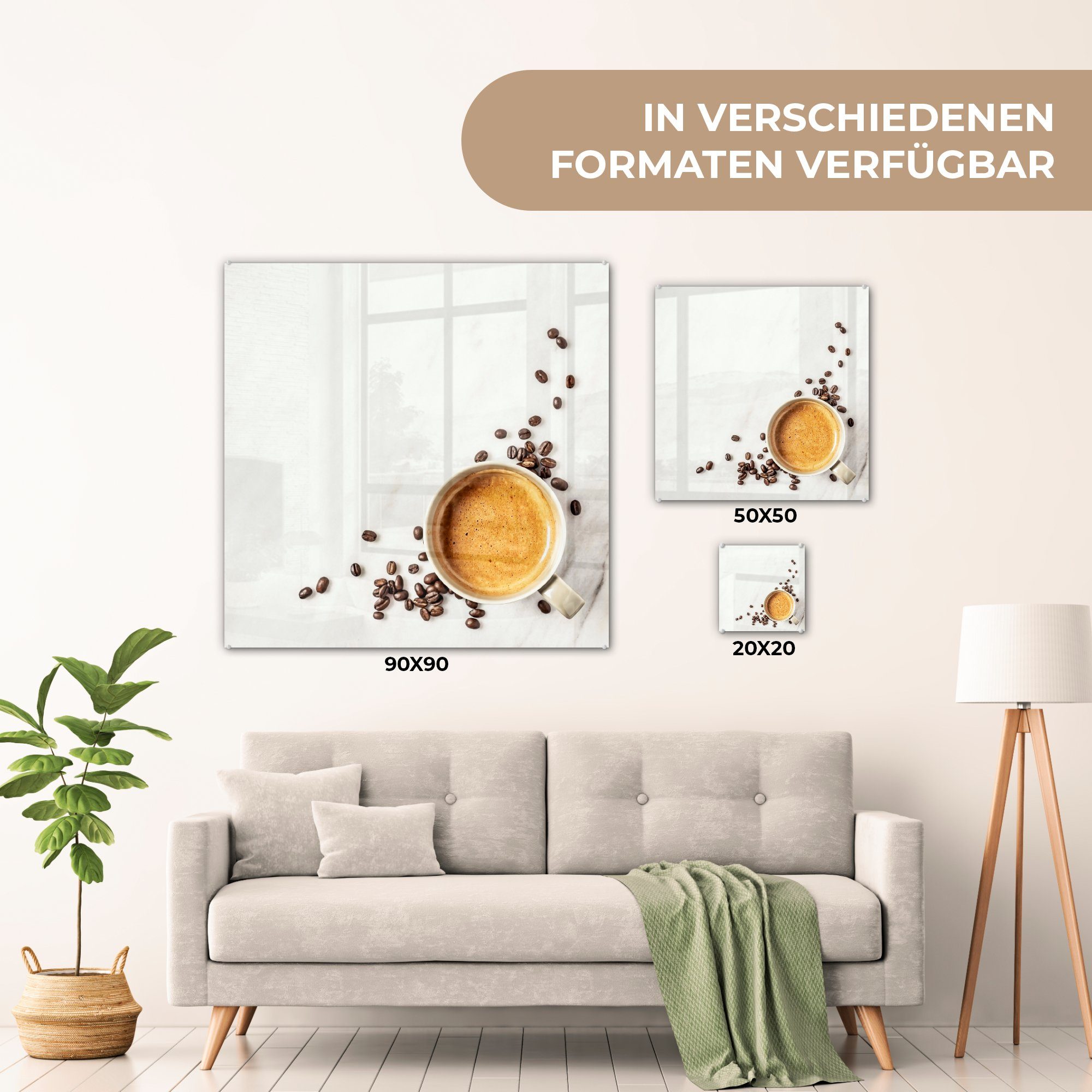 MuchoWow Acrylglasbild Eine St), Foto - Glas Tasse marmoriertem, auf Wandbild weißem, auf Wanddekoration Kaffeebohnen und Glasbilder (1 Bilder Kaffee auf Glas - 