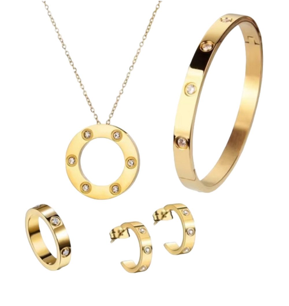 Schmuckset Schmuckset Gold Damen Zirkonia Halskette, Armreif, Ohrring & Ring