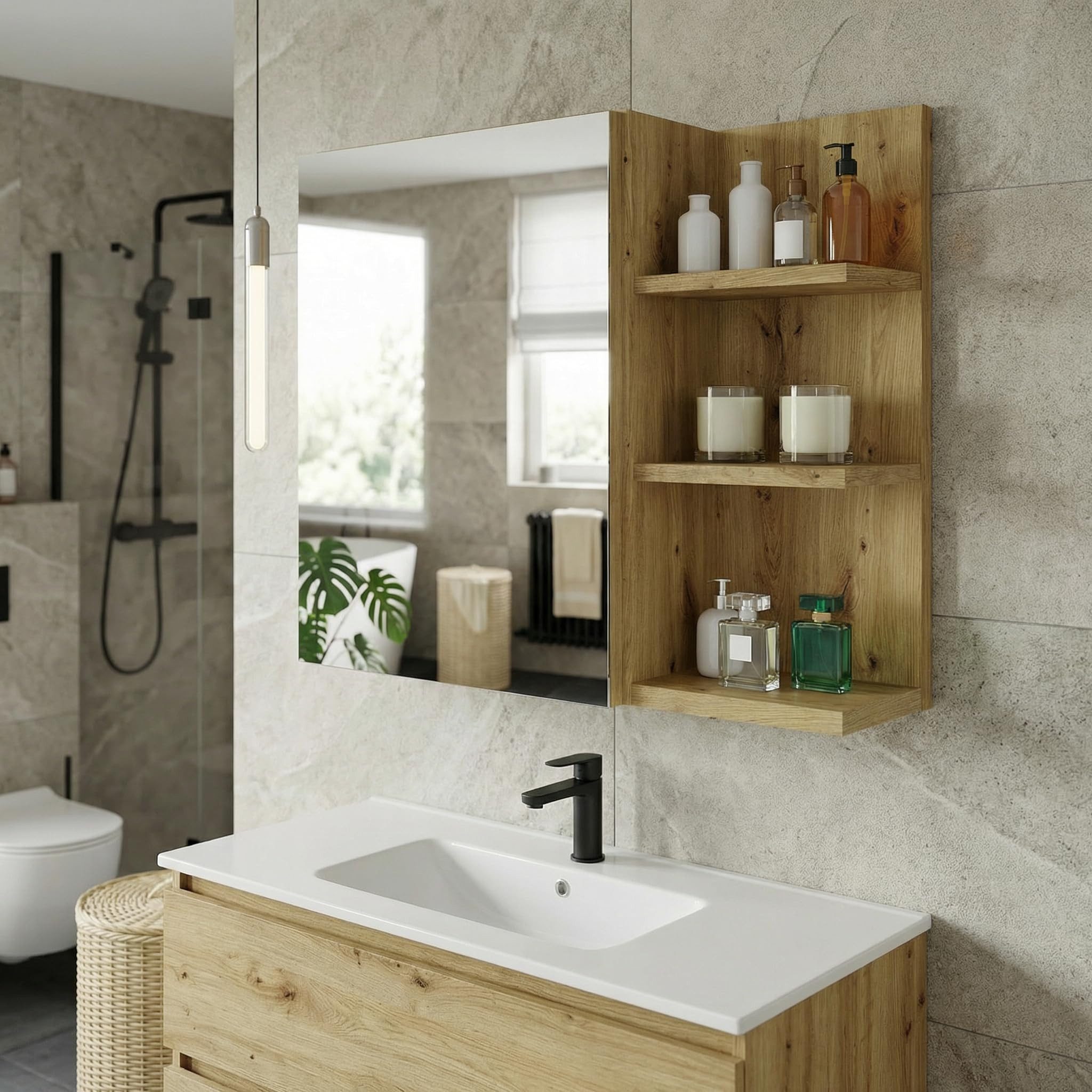 TREND WERK Spiegelschrank Badezimmer mit Ablage & Stauraum (59×16×50 cm Hängender Badezimmerschrank zur Wandmontage mit Regal) – modern & pflegeleicht – Bild 5 von 5